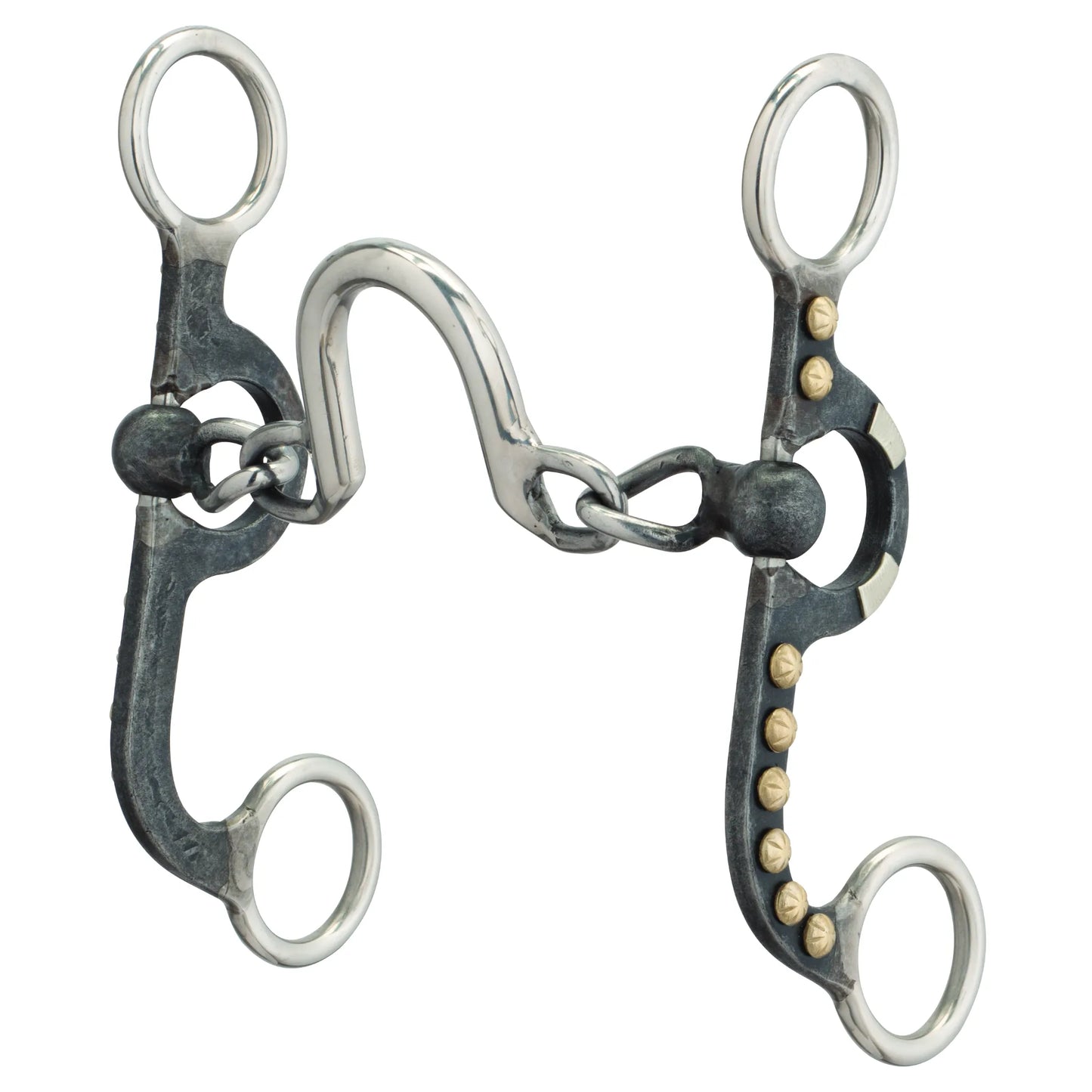 Weaver Leather 4-5/8" Pony Bit with a buffed black finish, featuring a chain mouth with a port for enhanced control. This Western pony bit showcases decorative gold-tone studs and silver accents on the shanks, blending performance and style. Ideal equestrian tack for pony training and riding, offering a unique look for any bridle setup.
