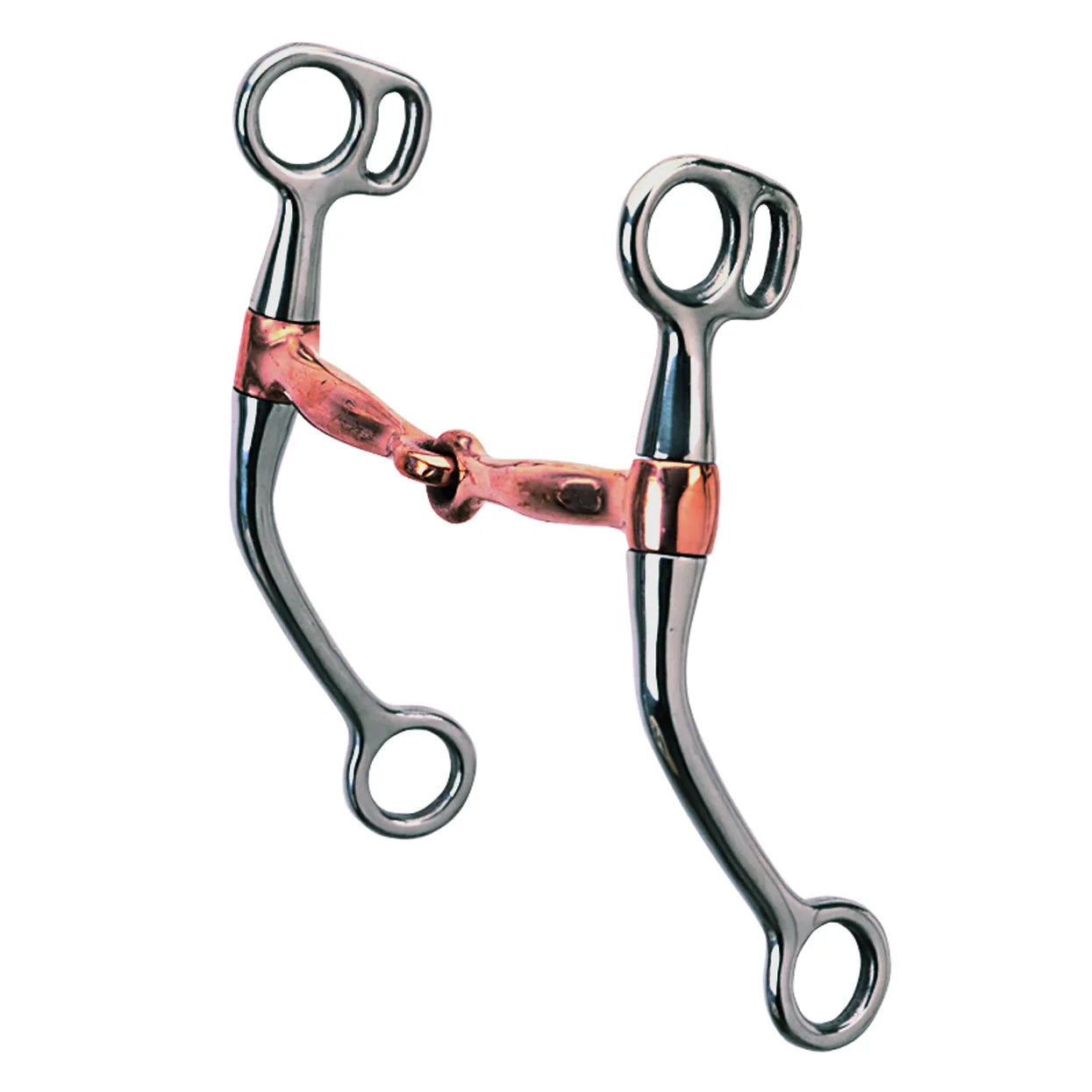 Weaver Leather 5" Copper Plated Tom Thumb Bit for horses. This western curb bit features a jointed copper-plated mouthpiece to encourage salivation and stainless steel shanks for moderate leverage. A classic training and transition bit, perfect for western riding disciplines. High-quality equestrian tack with a polished silver and copper finish, designed for performance and durability.