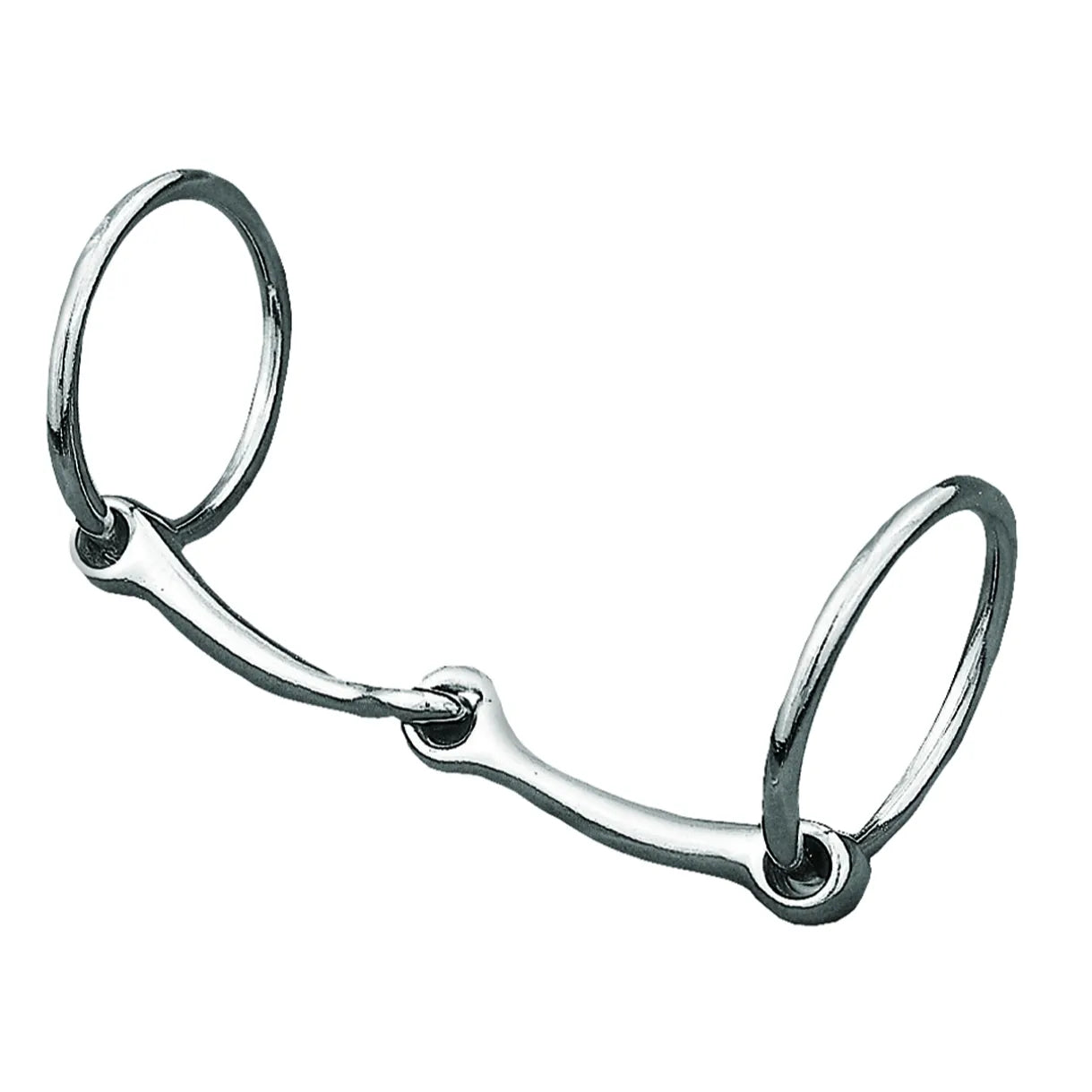 Weaver Leather 5" jointed bit in polished silver stainless steel. This single jointed loose ring snaffle bit is designed to improve horse comfort and control. Essential equestrian tack for riders, the loose rings allow for more movement in the horse's mouth, making it a versatile horse bit for training or trail riding. Durable and high-quality horse gear for better communication between horse and rider.