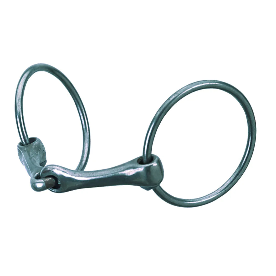 Weaver Leather 5-inch loose ring snaffle bit crafted from durable malleable iron with a dark grey finish. This high-quality horse bit features a single-jointed mouthpiece and large 3-inch loose rings, providing clear communication for equestrian training and everyday riding. An essential piece of horse tack for any rider looking for reliable and professional-grade equestrian equipment.