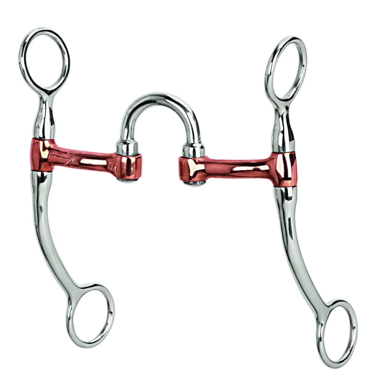 Weaver Leather All Purpose Bit featuring a 5" copper correction mouthpiece with a high port and four-point swivel joints for independent side movement. This western curb bit has sleek, curved stainless steel shanks with fixed top loops and loose rein rings. The copper mouth promotes salivation for a softer, more responsive feel. High-quality equestrian hardware designed for refined communication, perfect for western training, showing, and trail riding.