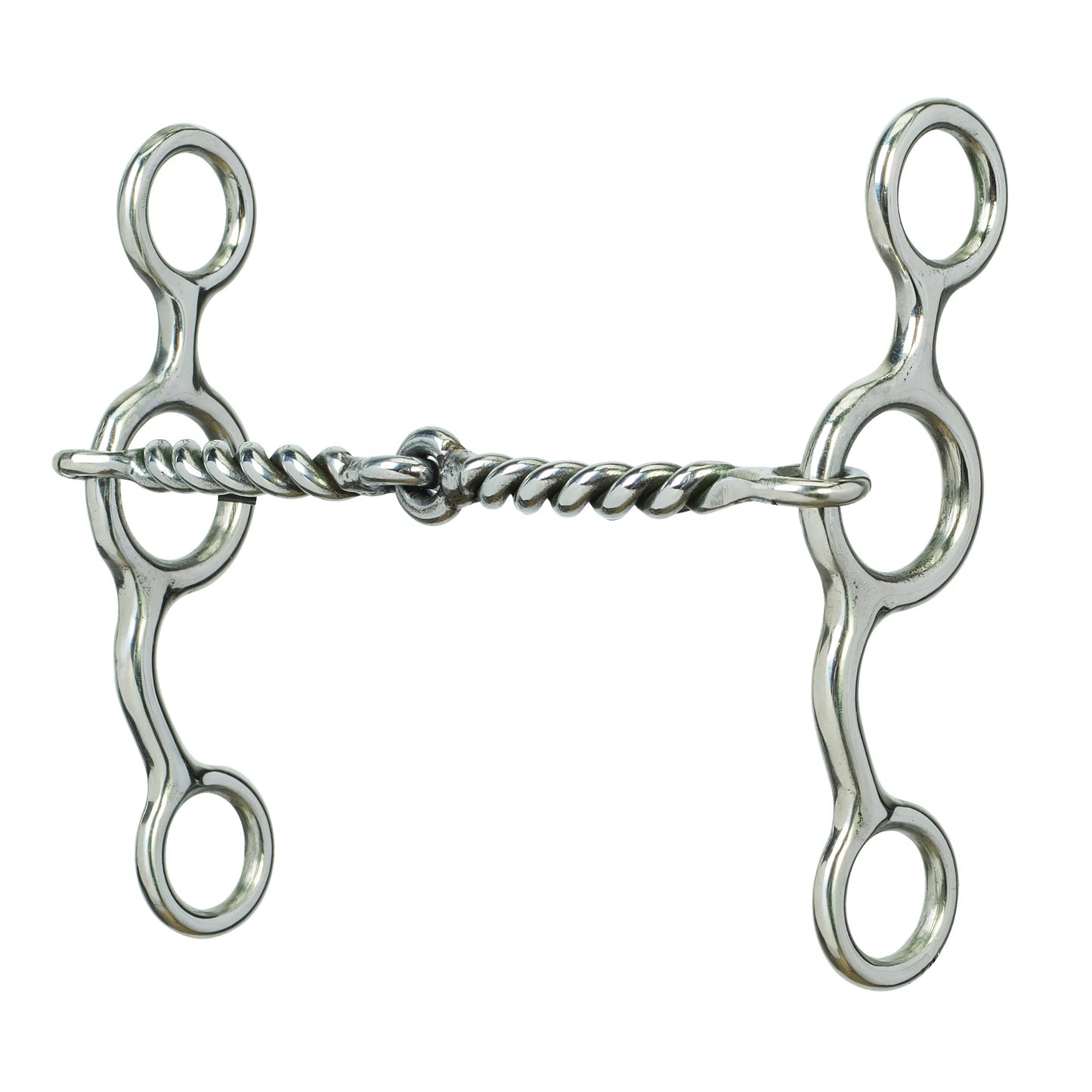 Weaver Leather All Purpose 5-inch Horse Bit with a jointed twisted wire mouthpiece and polished stainless steel shanks. This versatile silver leverage bit features multiple rings for custom rein placement, offering precise control and communication. Durable equestrian tack ideal for training across various riding disciplines, designed for both style and performance in the arena.