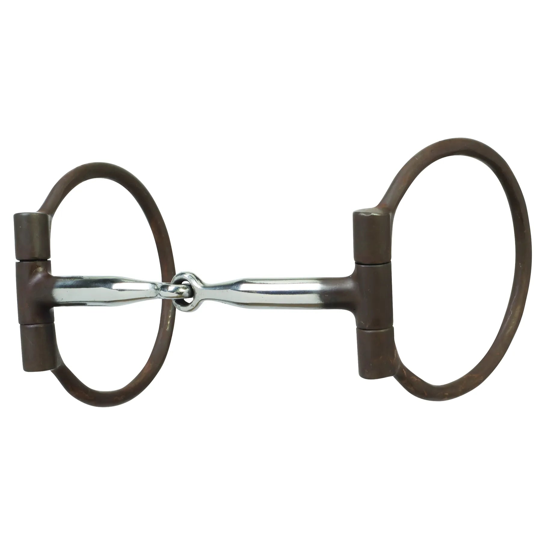 Weaver Leather All Purpose Offset Dee Bit featuring an antiqued finish and 5" stainless steel jointed mouthpiece. The dark brown D-rings offer lateral stability and refined control, making it a versatile choice for horse training or everyday riding across various disciplines. This high-quality equestrian bit combines classic style with durable functionality for effective communication and comfort.
