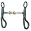 Weaver Leather All Purpose Snaffle Bit with a 5-inch mouth, featuring black sweet iron shanks and a stainless steel double-jointed mouthpiece. This Western horse bit includes a central copper and gold-tone roller to encourage relaxation and salivation. Designed for clear communication and versatile training, this high-quality equestrian tack offers a sleek look and durable performance for everyday riding.