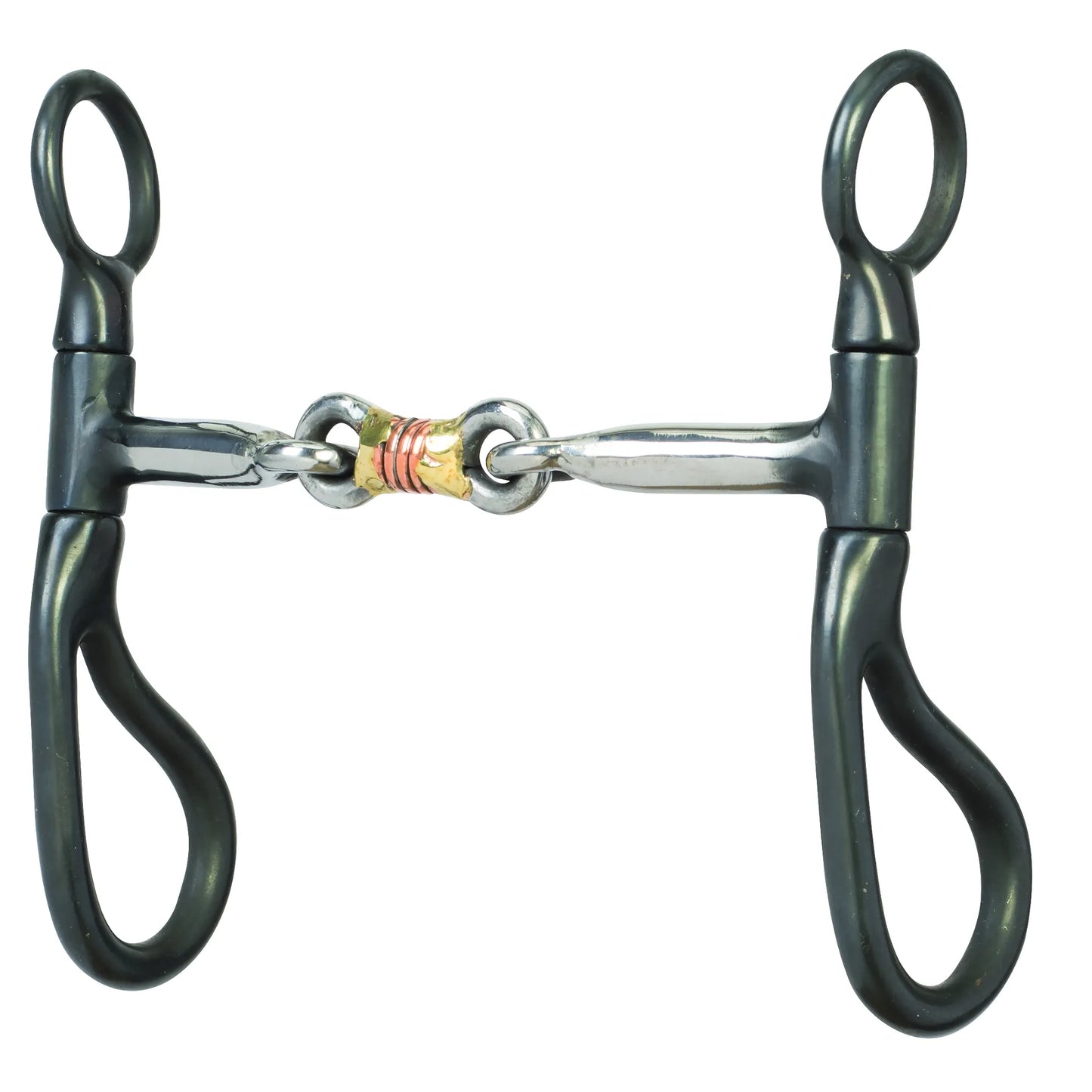 Weaver Leather All Purpose Snaffle Bit with a 5-inch mouth, featuring black sweet iron shanks and a stainless steel double-jointed mouthpiece. This Western horse bit includes a central copper and gold-tone roller to encourage relaxation and salivation. Designed for clear communication and versatile training, this high-quality equestrian tack offers a sleek look and durable performance for everyday riding.