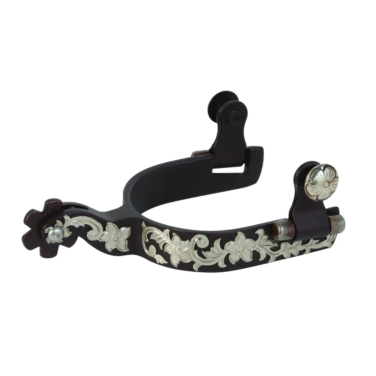 Weaver Leather Antiqued Ladies' Spurs with ornate German silver floral engravings. These Western equestrian spurs feature a dark brown finish, star-shaped rowel, and decorative silver flower buttons for a sophisticated look. Ideal for women's riding boots, these high-quality show spurs combine traditional Western style with a durable, tailored ladies' fit.
