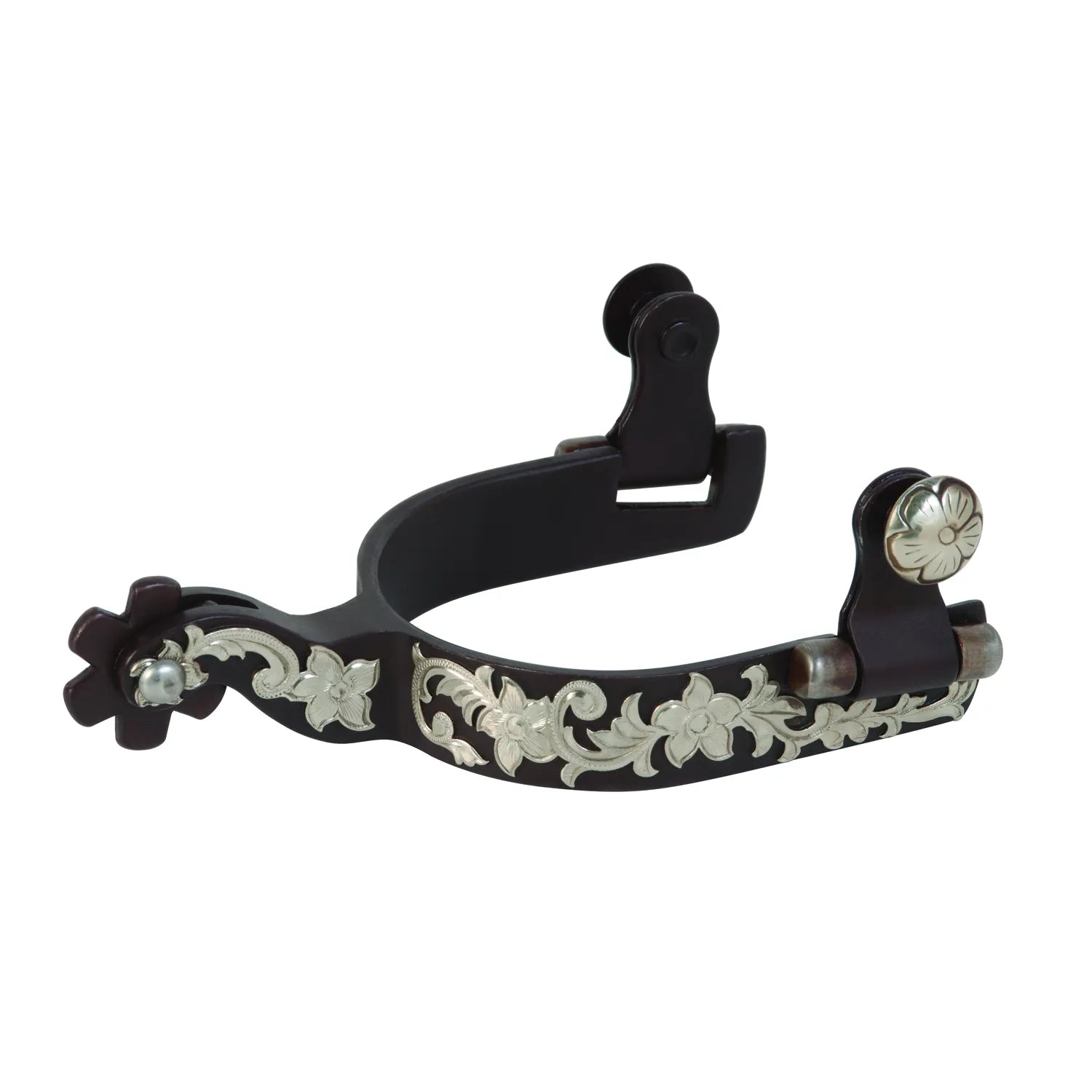Weaver Leather Antiqued Ladies' Spurs with ornate German silver floral engravings. These Western equestrian spurs feature a dark brown finish, star-shaped rowel, and decorative silver flower buttons for a sophisticated look. Ideal for women's riding boots, these high-quality show spurs combine traditional Western style with a durable, tailored ladies' fit.