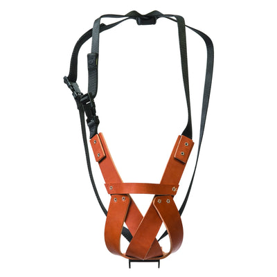 Weaver Leather Average Marking Harness for rams, featuring durable brown leather straps with metal rivets and adjustable black nylon straps with quick-release buckles. This high-quality leather and nylon marking harness is designed for sheep and goat management, providing a secure and comfortable fit. A reliable livestock tool for farmers, optimized for field use and long-lasting durability.