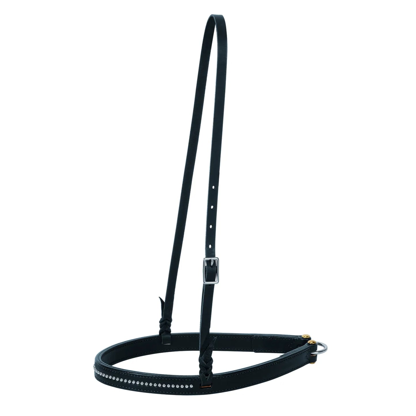Weaver Leather Back-In-Black Noseband featuring premium black leather accented with polished silver spots for a stylish, edgy look. This durable equestrian tack includes an adjustable crown strap with silver-tone hardware and gold-toned rivets. Perfect for adding a touch of flair to your horse's bridle, this studded leather noseband combines long-lasting functionality with sleek western style.