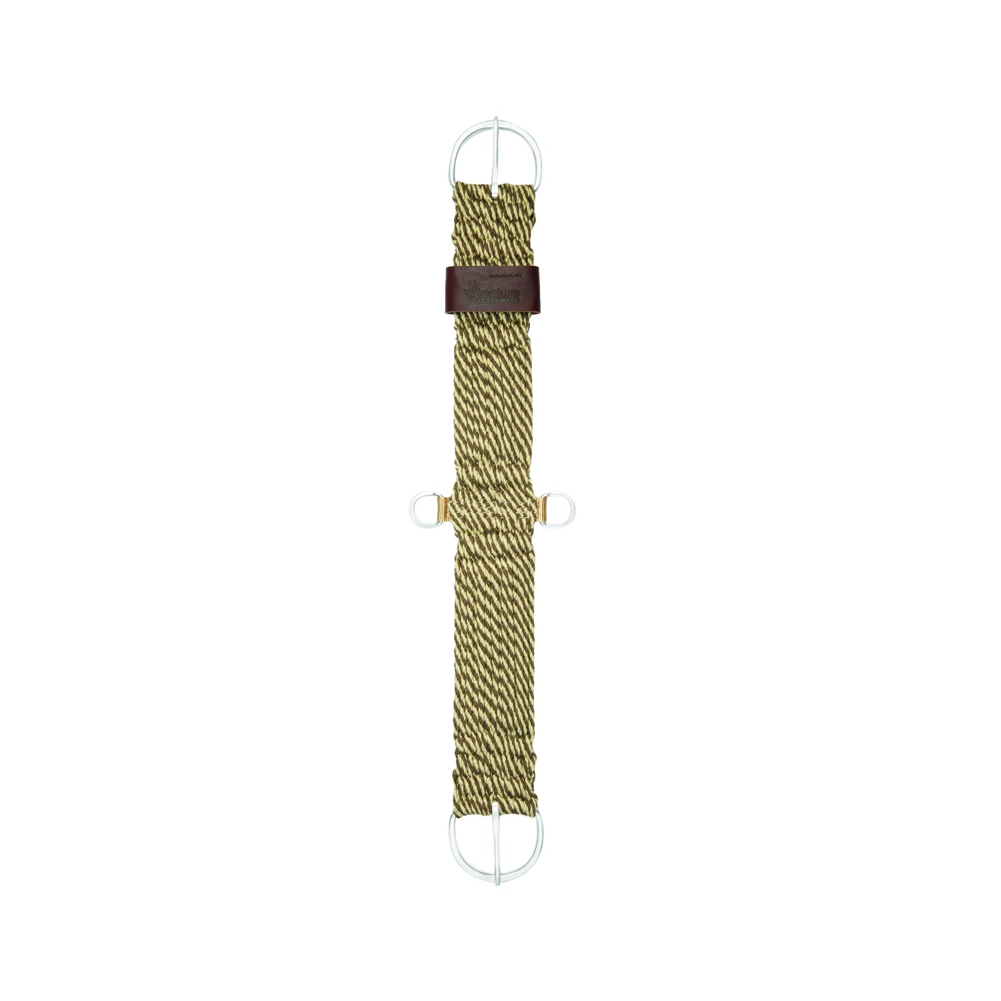 Weaver Leather Bamboo Ecoluxe Cinch featuring a breathable, moisture-wicking khaki and tan woven bamboo cord construction. This eco-friendly western horse cinch is designed for ultimate comfort and includes durable stainless steel buckles with rollers and two center D-rings for auxiliary attachments. Finished with a premium brown leather brand patch, it’s a sustainable choice for everyday riding or competitive equestrian performance.
