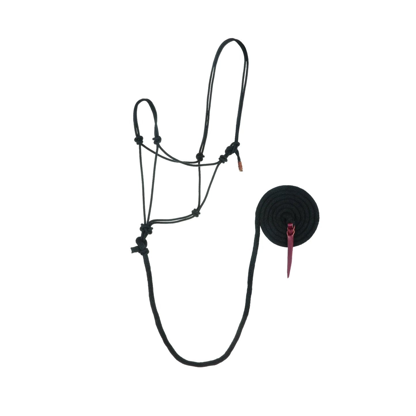 Black Weaver Leather Bamboo Ecoluxe Horse Halter and Lead set. This eco-friendly horse gear features a hand-tied rope halter with adjustable knots and a matching coiled lead rope with a durable burgundy leather popper. Designed for comfort and sustainability, this black halter set is ideal for natural horsemanship, training, and ground work. A high-quality, eco-conscious choice for horse owners.