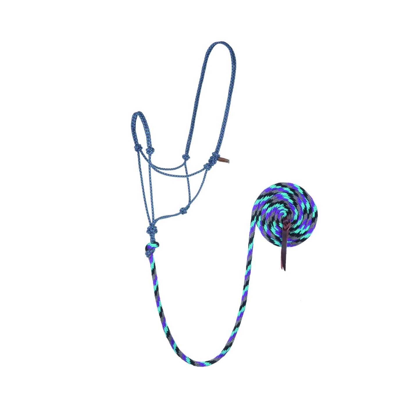 Weaver Leather Bamboo Ecoluxe Horse Halter and Lead set in a stylish navy blue, turquoise, and grey pattern. This eco-friendly knotted rope halter and matching coiled lead rope with a leather popper combine durability with sustainable comfort. Ideal for horse training and ground work, these moisture-wicking bamboo fiber accessories are perfect for the eco-conscious equestrian looking for vibrant, high-quality horse tack.