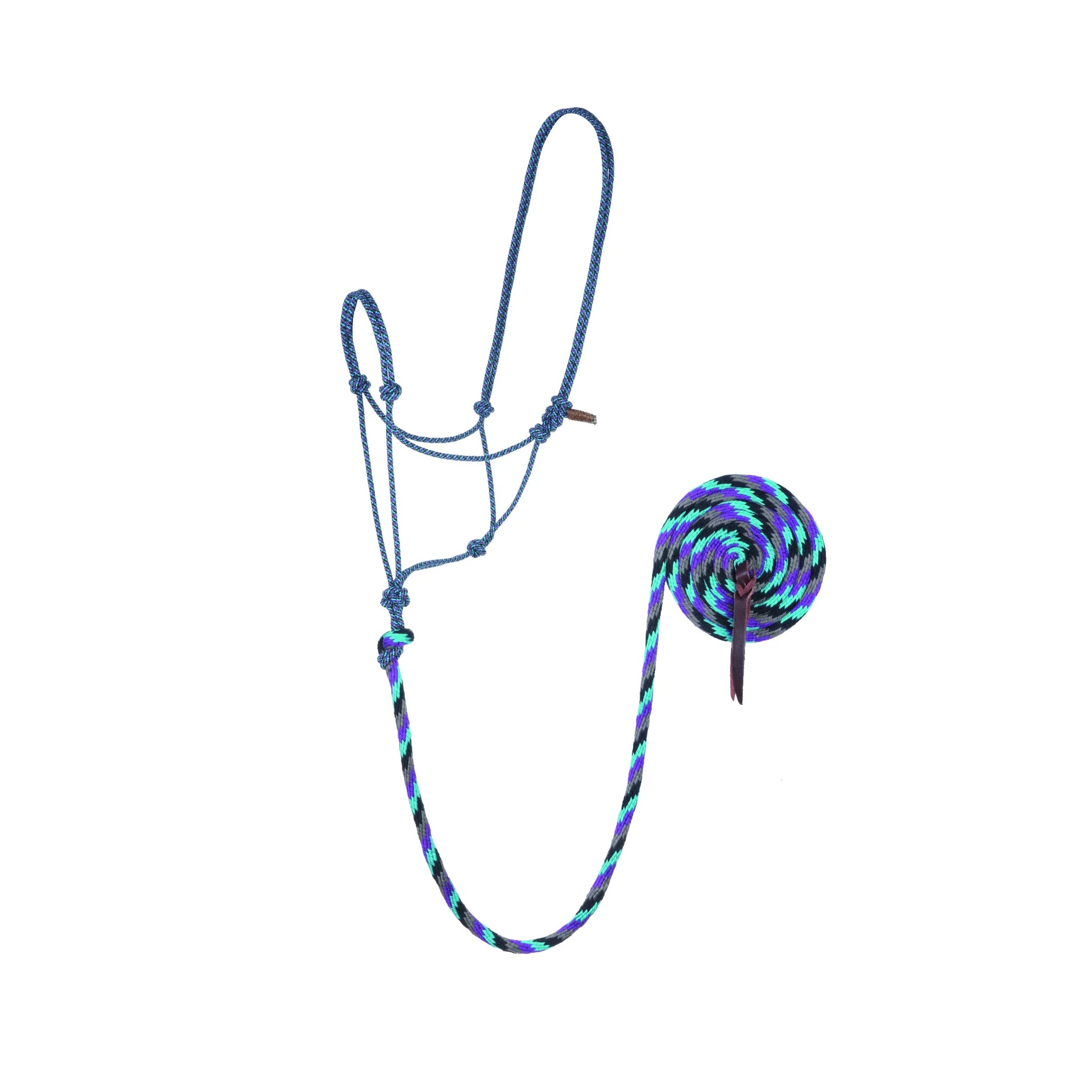Weaver Leather Bamboo Ecoluxe Horse Halter and Lead set in a stylish navy blue, turquoise, and grey pattern. This eco-friendly knotted rope halter and matching coiled lead rope with a leather popper combine durability with sustainable comfort. Ideal for horse training and ground work, these moisture-wicking bamboo fiber accessories are perfect for the eco-conscious equestrian looking for vibrant, high-quality horse tack.