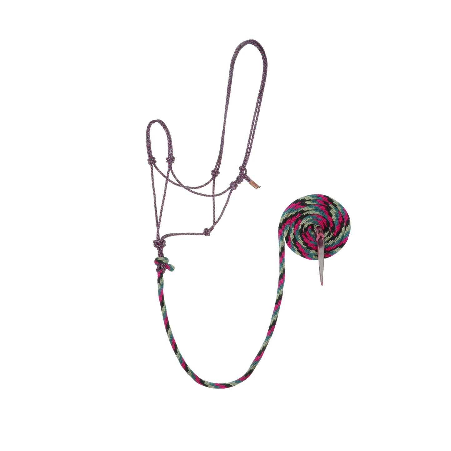Weaver Leather Bamboo Ecoluxe Horse Halter & Lead Set featuring a knotted rope halter in a patterned purple and pink design. Includes a matching multi-colored lead rope coiled with vibrant pink, green, and black accents. This eco-friendly, sustainable horse tack is designed for both style and durability, making it an essential piece of equipment for everyday training and horse care.
