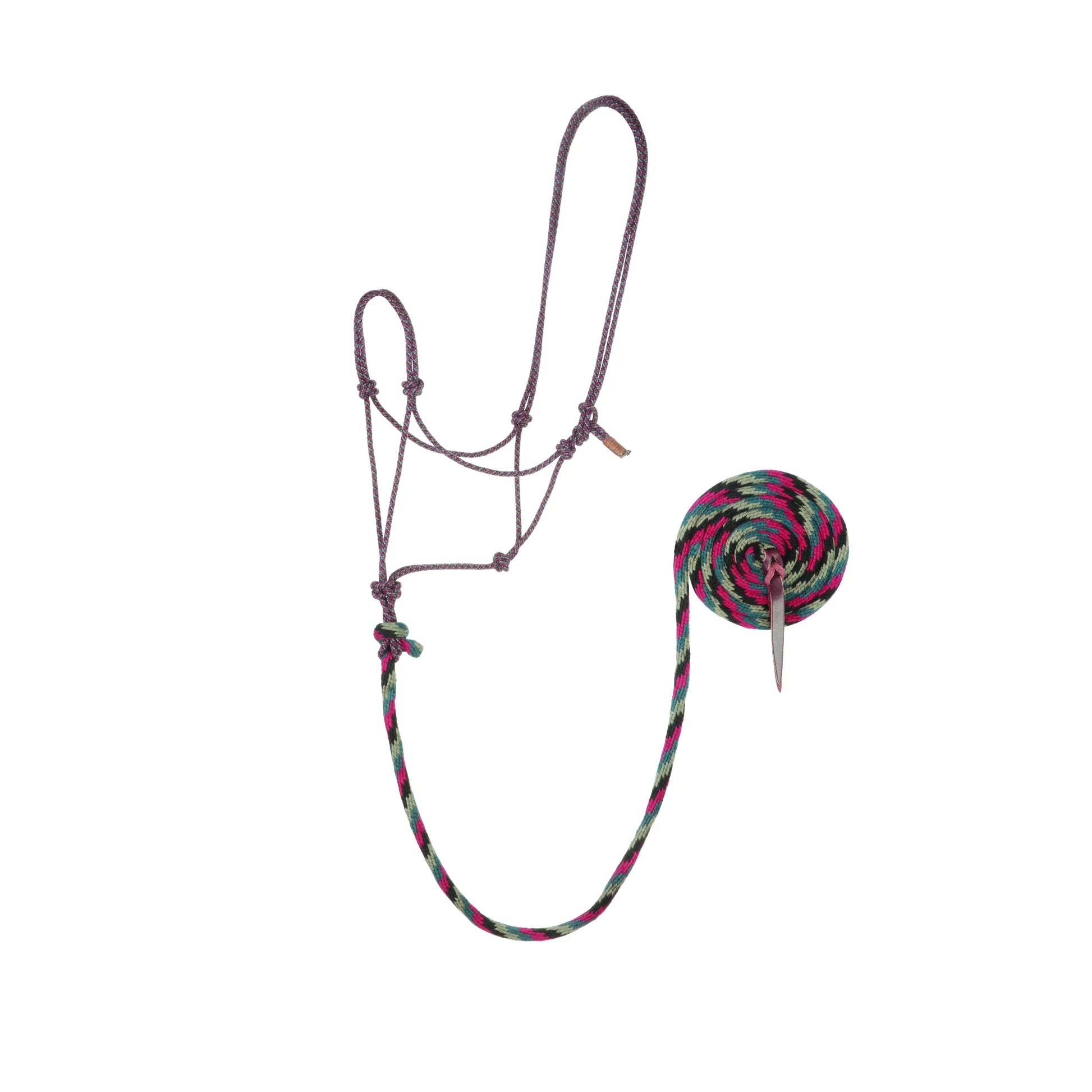 Weaver Leather Bamboo Ecoluxe Horse Halter & Lead Set featuring a knotted rope halter in a patterned purple and pink design. Includes a matching multi-colored lead rope coiled with vibrant pink, green, and black accents. This eco-friendly, sustainable horse tack is designed for both style and durability, making it an essential piece of equipment for everyday training and horse care.