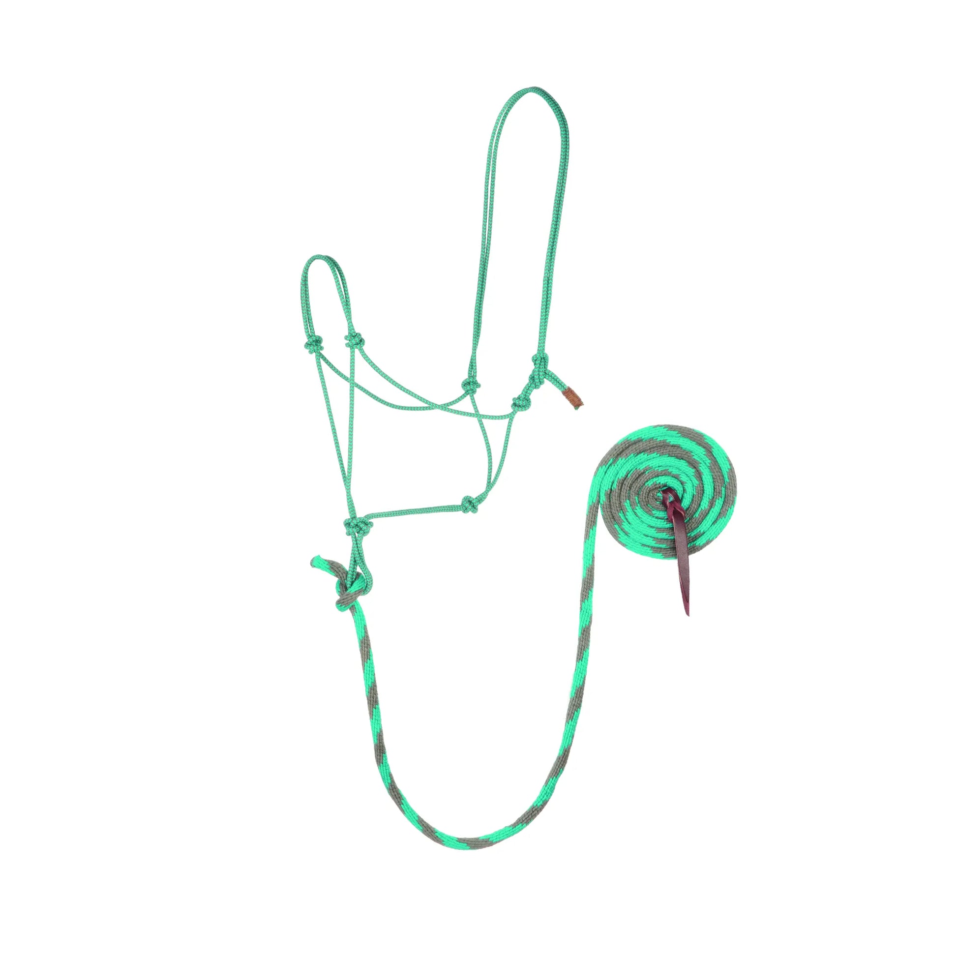 Weaver Leather Bamboo Ecoluxe Horse Halter & Lead set in a stylish teal and grey pattern. This eco-friendly horse halter is crafted from sustainable, soft bamboo fibers for ultimate comfort and durability. The set includes a matching knotted rope halter and a lead rope with a leather popper. Ideal for horse owners seeking high-quality, natural horse tack that’s gentle on the horse and the environment.