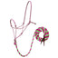 Weaver Leather Bamboo Ecoluxe horse halter and matching lead rope set in a vibrant pink, lime green, and tan braid. This eco-friendly rope halter features a knotted design for effective communication and a matching lead with a dark leather popper. Soft, durable, and sustainable, it's a perfect choice for horse training, groundwork, and everyday care. A stylish and functional equestrian accessory for eco-conscious riders.