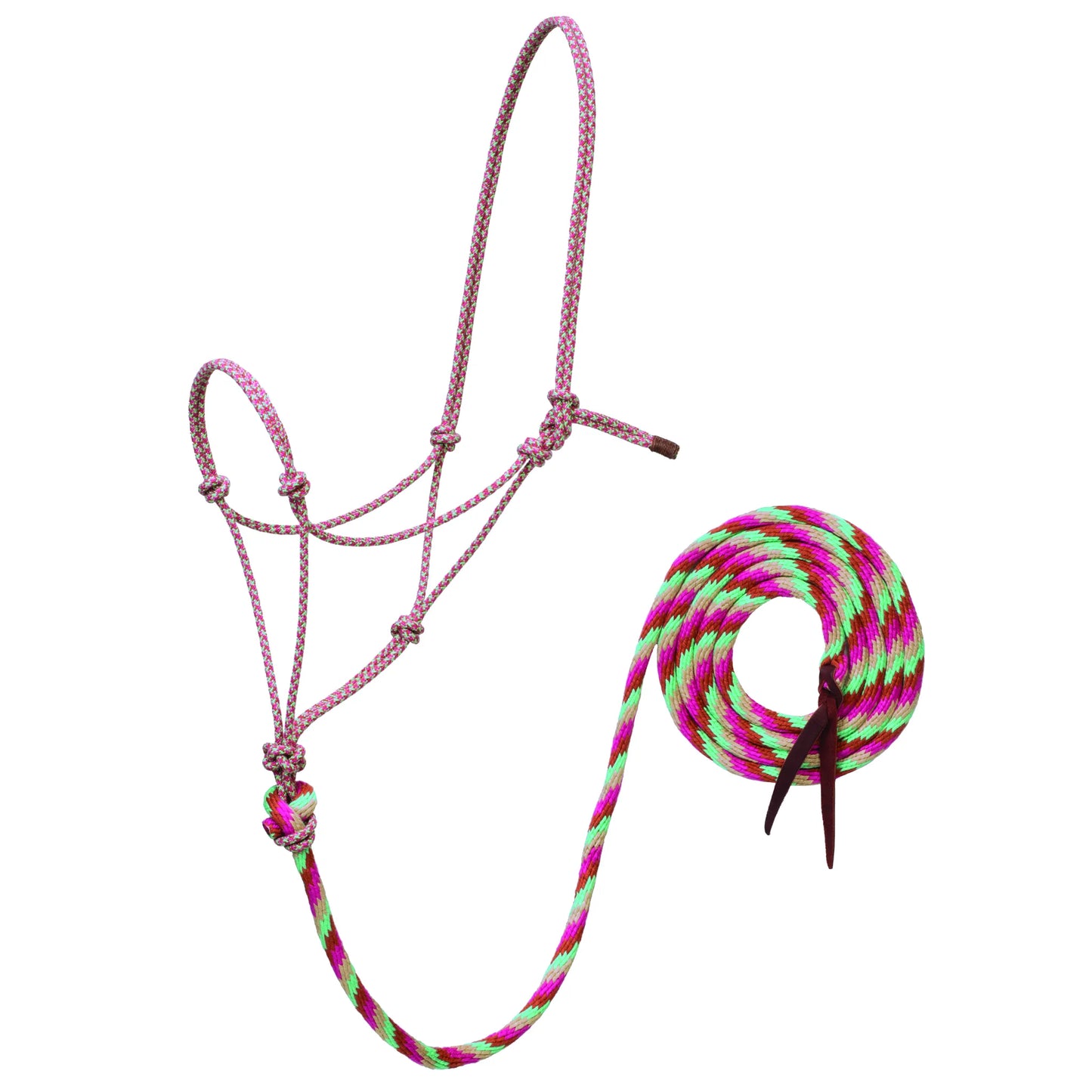 Weaver Leather Bamboo Ecoluxe horse halter and matching lead rope set in a vibrant pink, lime green, and tan braid. This eco-friendly rope halter features a knotted design for effective communication and a matching lead with a dark leather popper. Soft, durable, and sustainable, it's a perfect choice for horse training, groundwork, and everyday care. A stylish and functional equestrian accessory for eco-conscious riders.