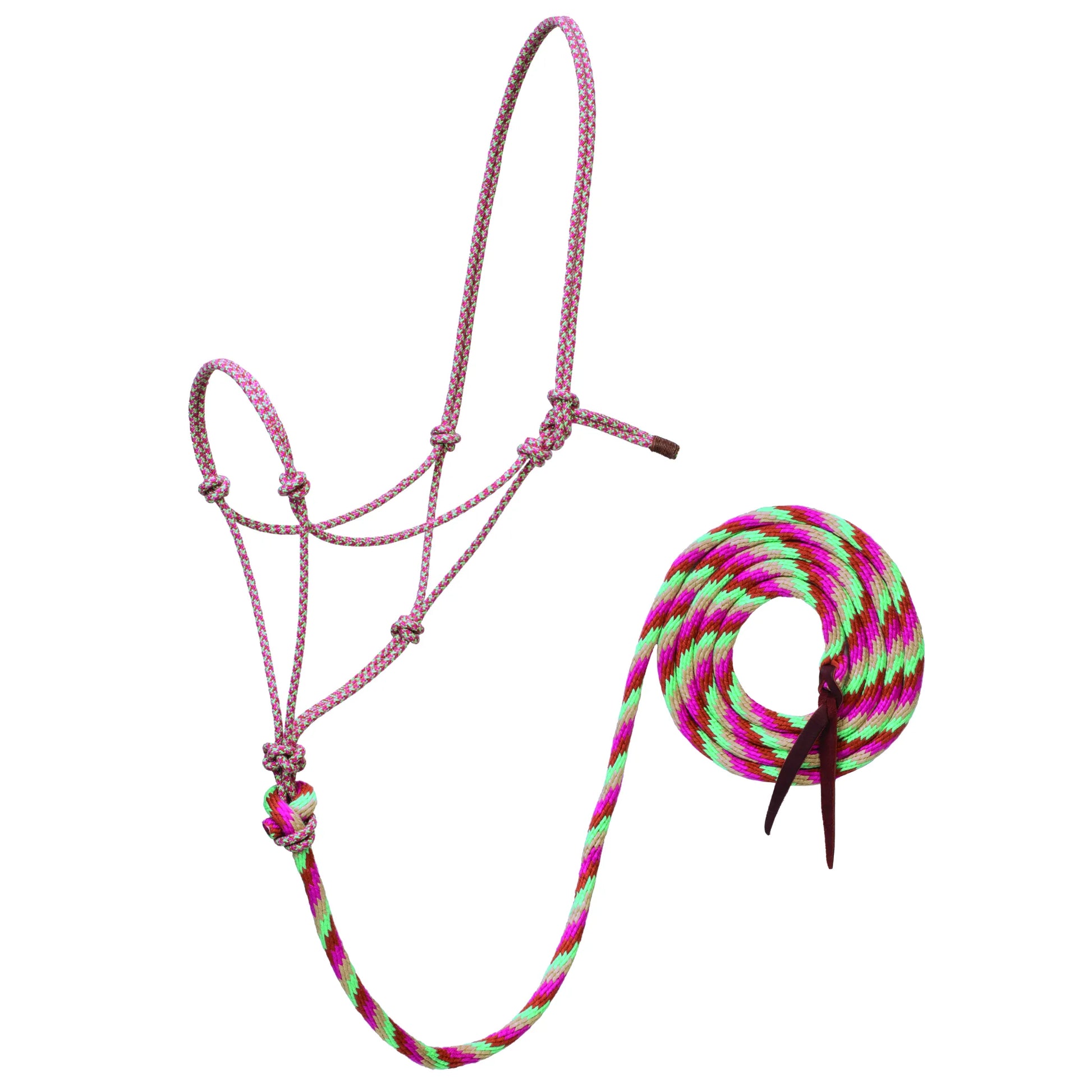 Weaver Leather Bamboo Ecoluxe horse halter and matching lead rope set in a vibrant pink, lime green, and tan braid. This eco-friendly rope halter features a knotted design for effective communication and a matching lead with a dark leather popper. Soft, durable, and sustainable, it's a perfect choice for horse training, groundwork, and everyday care. A stylish and functional equestrian accessory for eco-conscious riders.