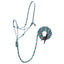 Weaver Leather Bamboo Ecoluxe Rope Halter and Lead Rope set in a vibrant pink, green, and charcoal pattern. This eco-friendly horse tack is crafted from breathable, moisture-wicking bamboo fibers for natural comfort. Features a knotted training halter and matching coiled lead rope with a classic leather popper, ideal for natural horsemanship and daily horse care.