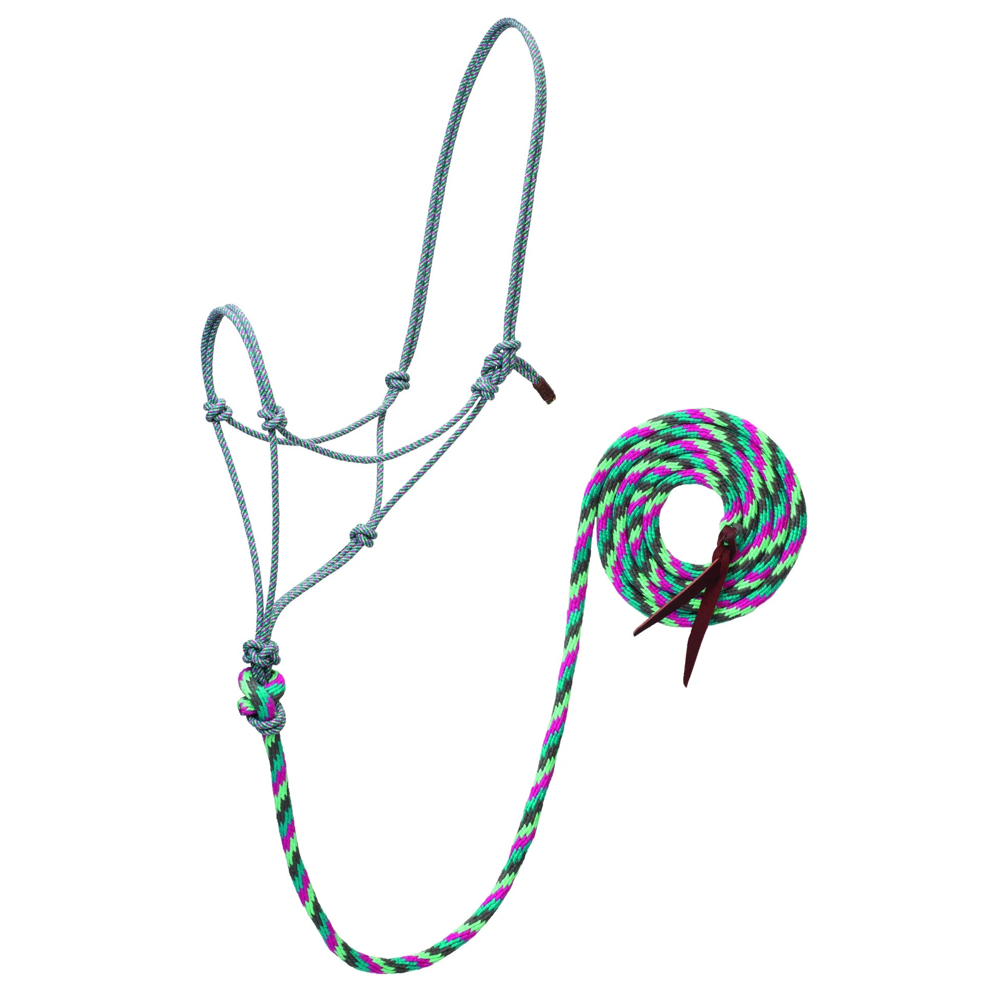 Weaver Leather Bamboo Ecoluxe Rope Halter and Lead Rope set in a vibrant pink, green, and charcoal pattern. This eco-friendly horse tack is crafted from breathable, moisture-wicking bamboo fibers for natural comfort. Features a knotted training halter and matching coiled lead rope with a classic leather popper, ideal for natural horsemanship and daily horse care.