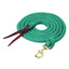 Weaver Leather Bamboo Ecoluxe Horse Lead Rope featuring a green and charcoal grey braided chevron pattern. This sustainable horse lead is made from eco-friendly bamboo and includes a solid brass bolt snap and a rich burgundy leather popper. Durable and soft to the touch, this high-quality lead rope is a must-have piece of equestrian gear for training and daily stable use.