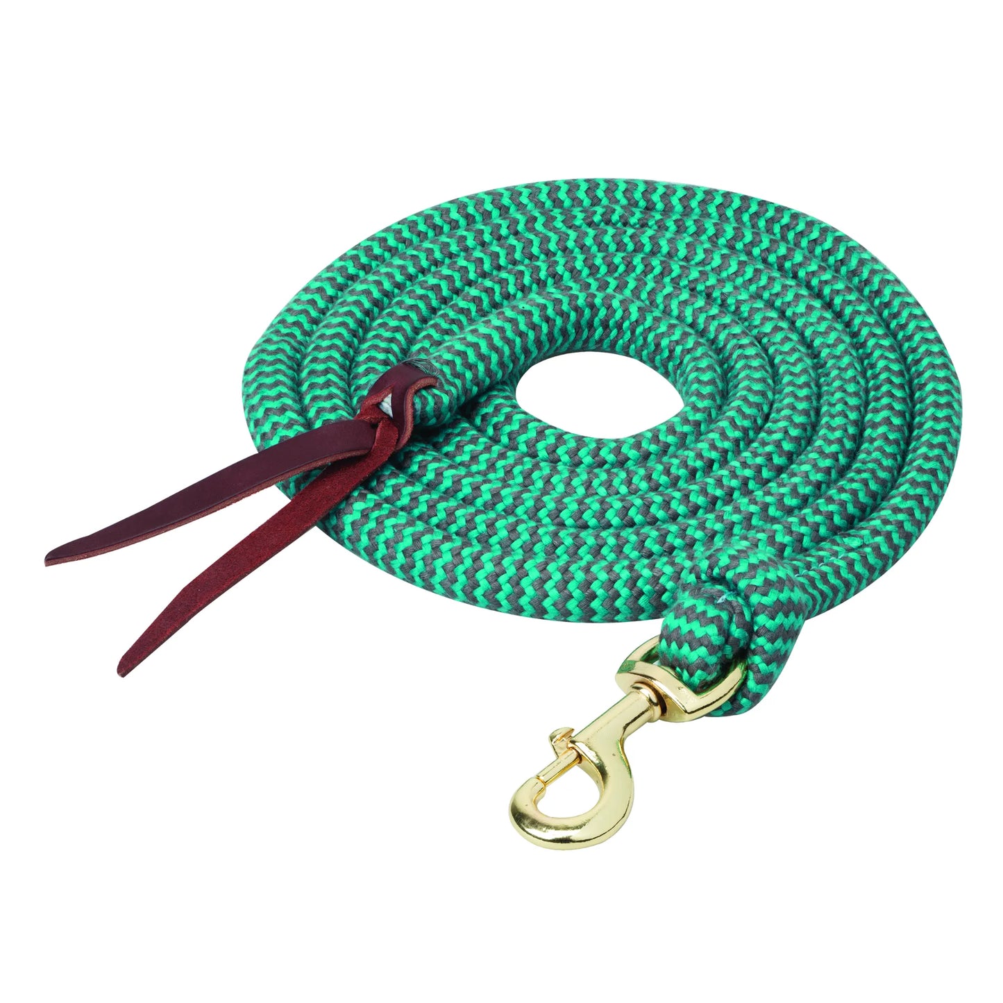 Weaver Leather Bamboo Ecoluxe Horse Lead Rope featuring a green and charcoal grey braided chevron pattern. This sustainable horse lead is made from eco-friendly bamboo and includes a solid brass bolt snap and a rich burgundy leather popper. Durable and soft to the touch, this high-quality lead rope is a must-have piece of equestrian gear for training and daily stable use.