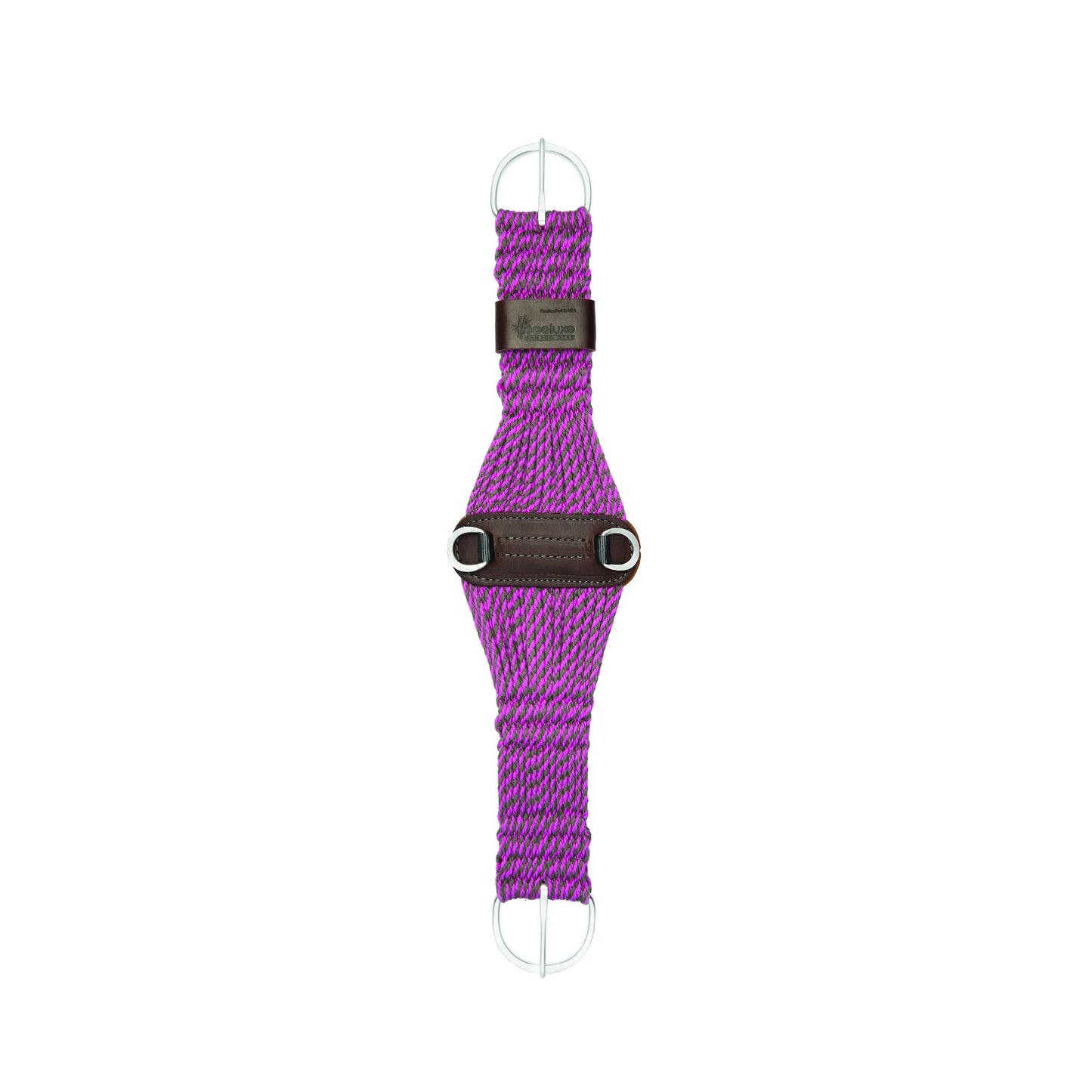 Weaver Leather Bamboo Ecoluxe Roper Cinch in a striking purple and grey braided pattern. This eco-friendly horse cinch features moisture-wicking bamboo fibers, a wide roper design for pressure distribution, and dark brown leather accents. The stainless steel hardware includes durable buckles and D-rings, making it a stylish and functional addition to any western saddle setup.