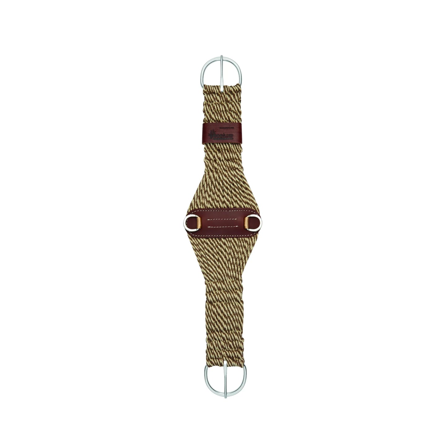 Weaver Leather Bamboo Ecoluxe Roper Cinch in a two-tone tan and brown woven bamboo pattern. This wide-center roper girth features premium mahogany leather reinforcements with stainless steel D-rings and heavy-duty cinch buckles. An eco-friendly choice for western riders, providing breathable comfort and secure stability for your horse during roping or trail riding.