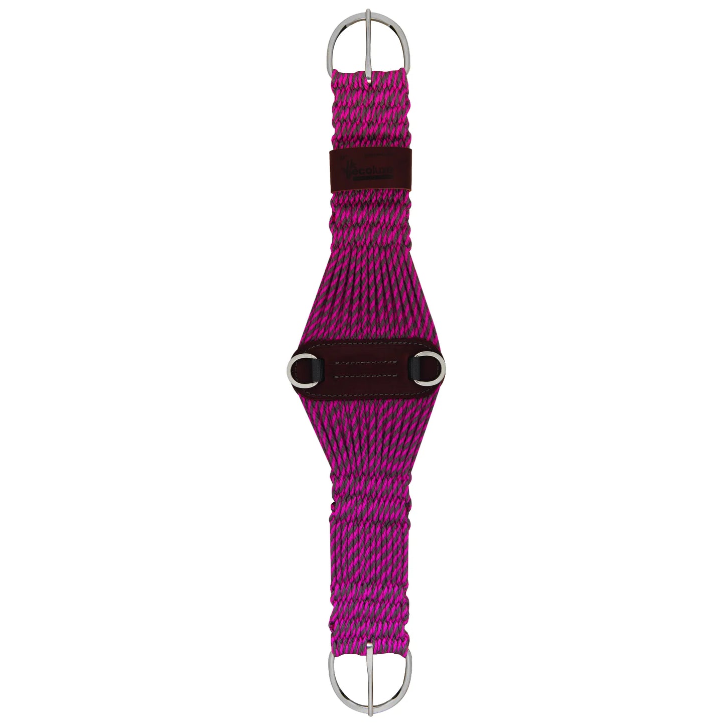 Weaver Leather Bamboo Ecoluxe Roper Cinch featuring a vibrant magenta and charcoal grey woven pattern. Designed for horse comfort, this eco-friendly cinch is crafted from breathable, moisture-wicking bamboo. The wide roper style distributes pressure evenly, while heavy-duty stainless steel buckles and center D-rings ensure a secure fit. A stylish and sustainable choice for western riders looking for high-quality, performance horse tack.