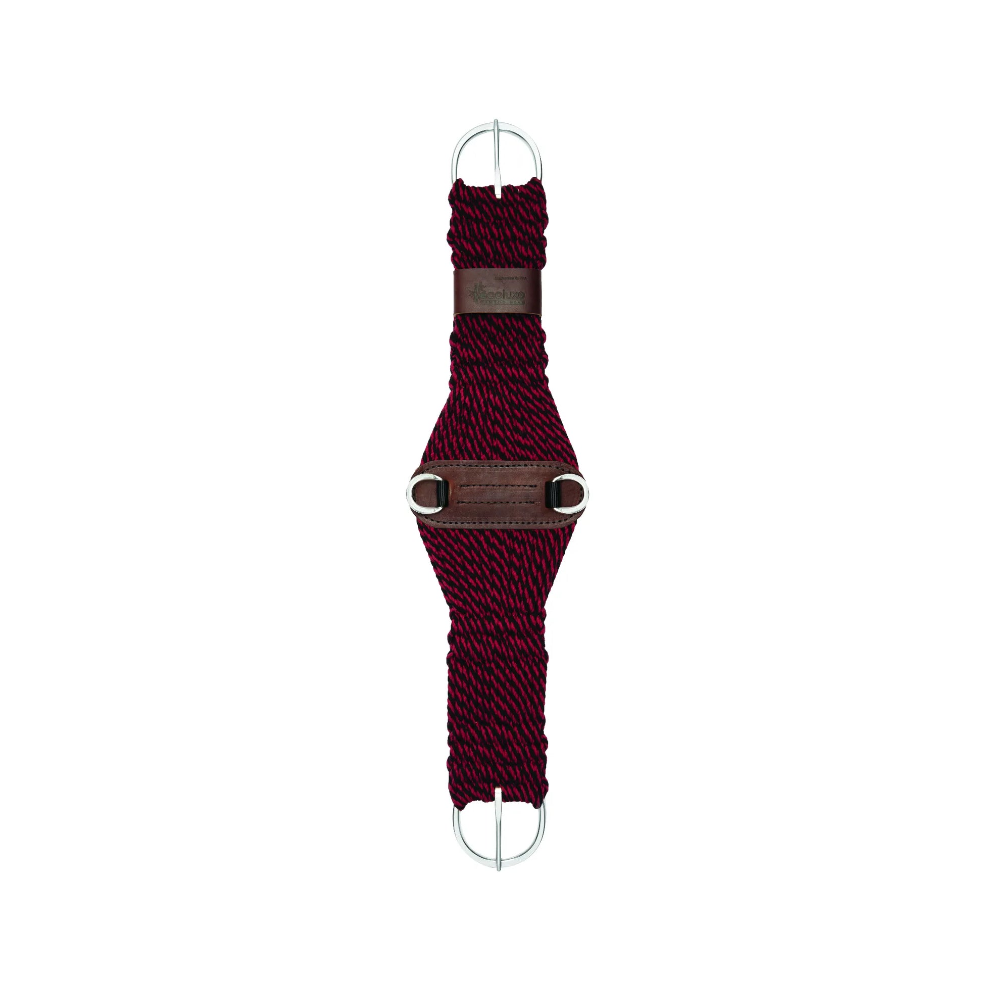 Weaver Leather Bamboo Ecoluxe Roper Cinch in a stylish burgundy and black braided pattern. This eco-friendly horse cinch features a wide center for even pressure distribution, stainless steel buckles, and a durable leather center plate with D-rings. Crafted from sustainable bamboo fibers, this high-performance western cinch provides breathable, moisture-wicking comfort for your horse during every ride.