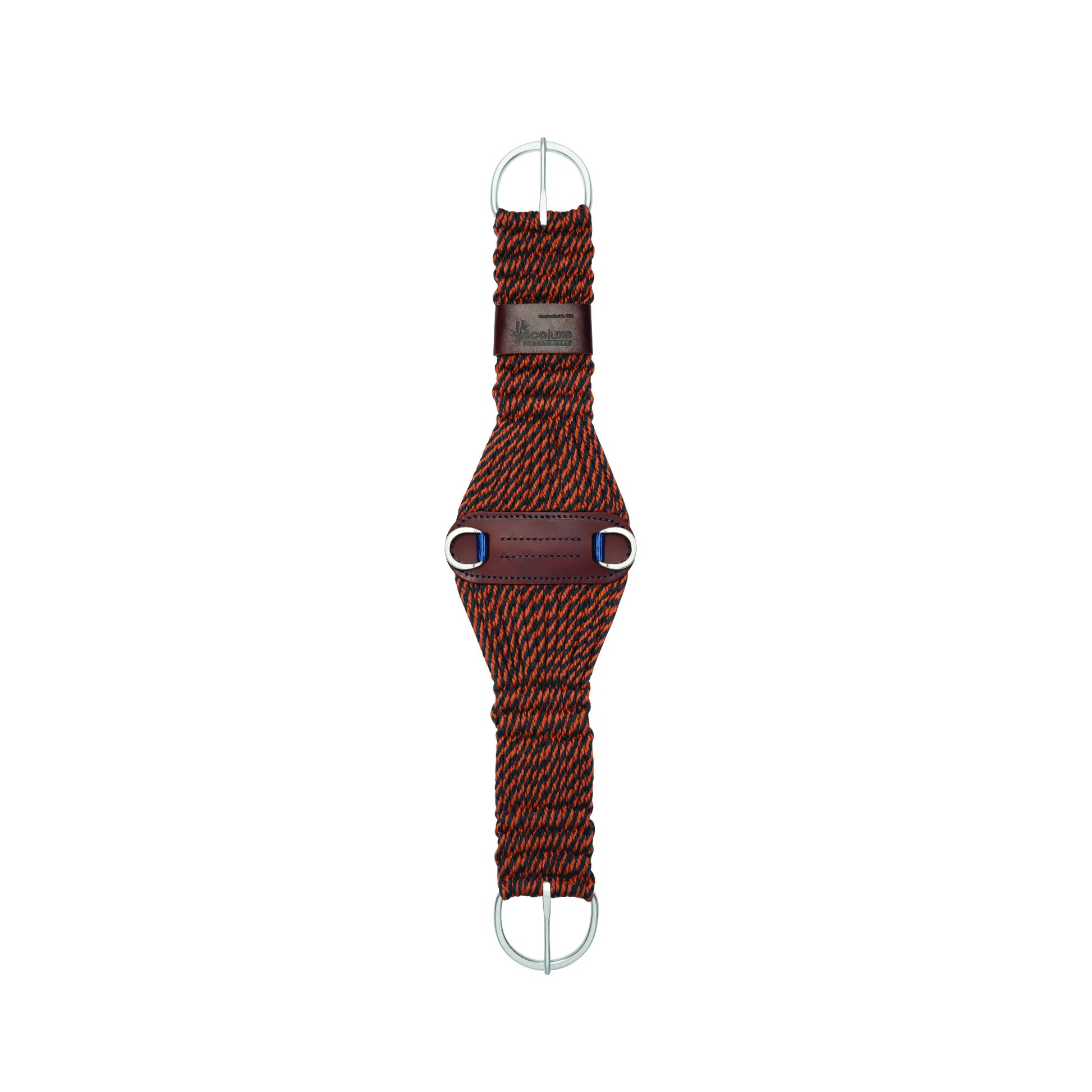 Weaver Leather Bamboo Ecoluxe Roper Cinch in a striking orange and black woven pattern. This eco-friendly horse cinch features breathable bamboo cord, stainless steel buckles, and a wide leather center plate with D-rings for even pressure distribution. Durable and sustainable western tack designed for horse comfort and performance.