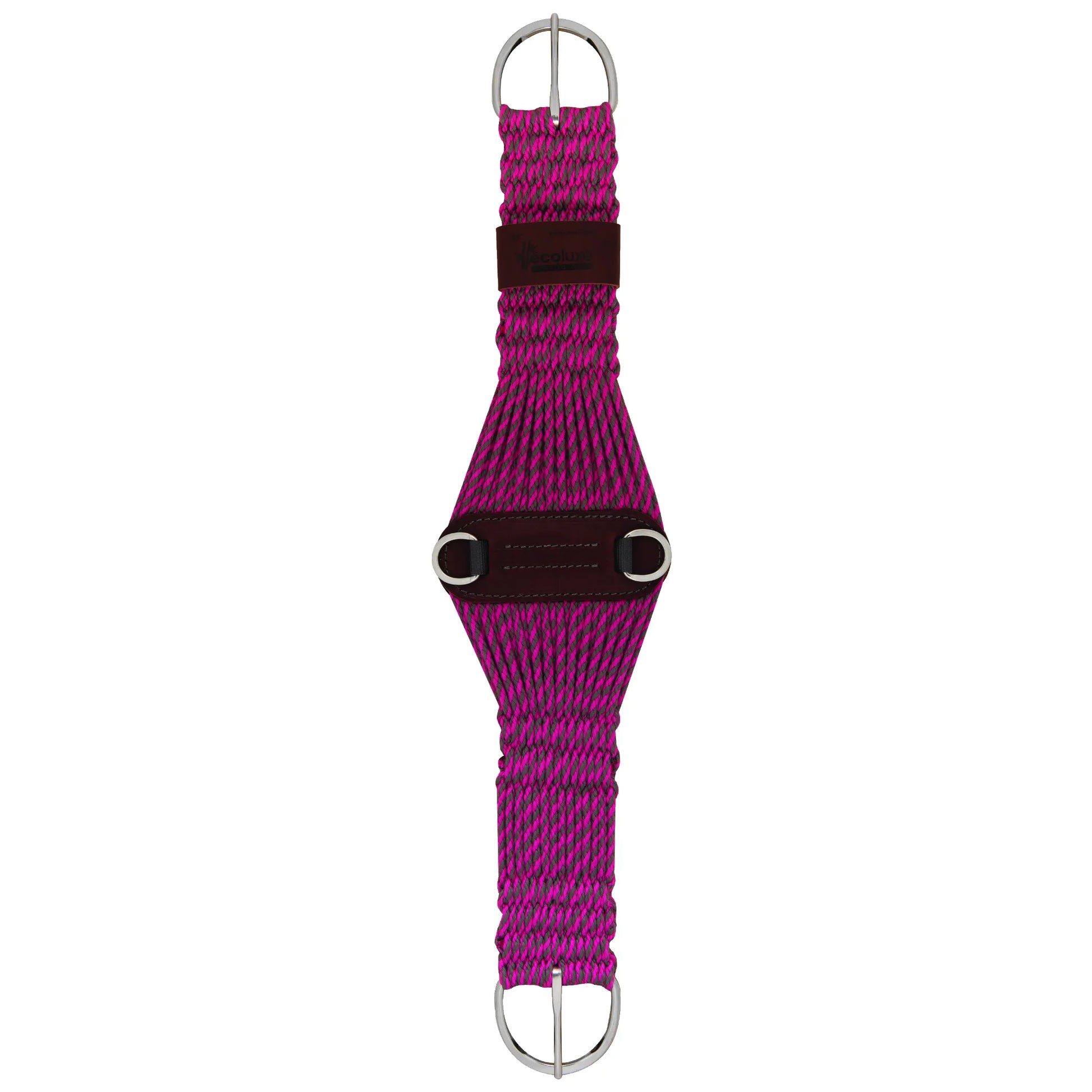 Weaver Leather Bamboo Ecoluxe Roper Cinch featuring a vibrant magenta and charcoal gray braided bamboo cord. This eco-friendly horse cinch includes a wide roper design for optimal pressure distribution, dark brown leather accents with stainless steel D-rings, and durable roller buckles. A breathable and moisture-wicking choice for Western riders, this stylish cinch combines performance with sustainable materials for ultimate horse comfort.
