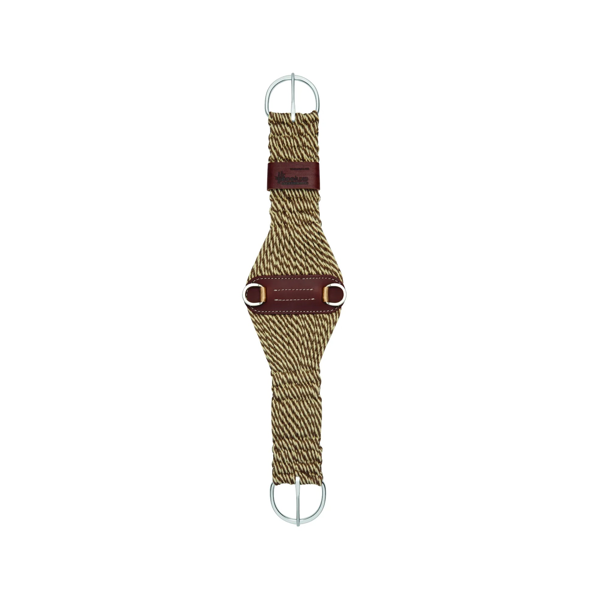 Weaver Leather Bamboo Ecoluxe Roper Cinch in a two-tone brown and tan cord design. This eco-friendly, moisture-wicking western horse cinch features a wide center for pressure distribution, durable dark brown leather accents, and stainless steel hardware. Perfect for roping or trail riding, this sustainable bamboo cinch provides ultimate comfort and performance for your horse while maintaining a classic western aesthetic.
