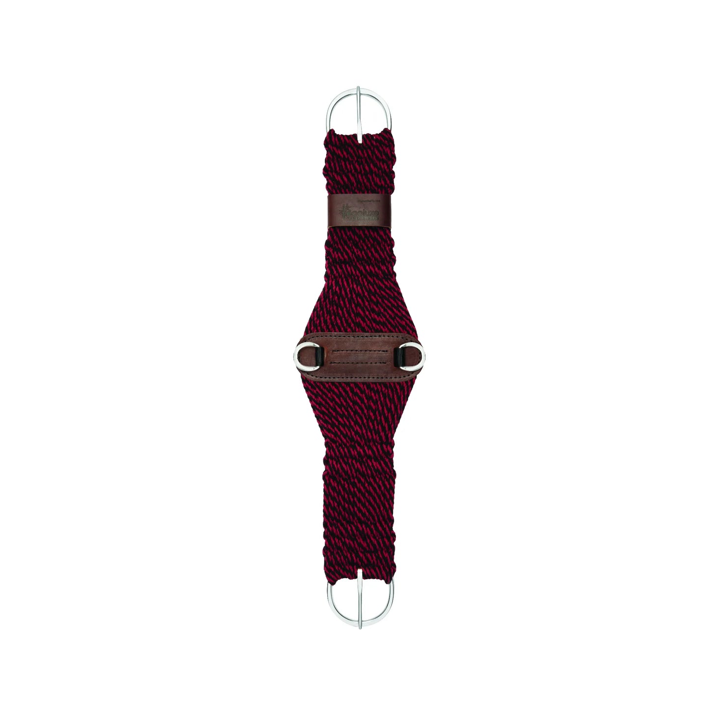 Weaver Leather Bamboo Ecoluxe Roper Cinch featuring a striking burgundy and black woven pattern. This eco-friendly western cinch is crafted from breathable bamboo fibers with a wide center for even pressure distribution. Includes premium leather accents, stainless steel buckles, and D-rings for durability and comfort. High-performance horse tack perfect for roping, ranch work, or trail riding.