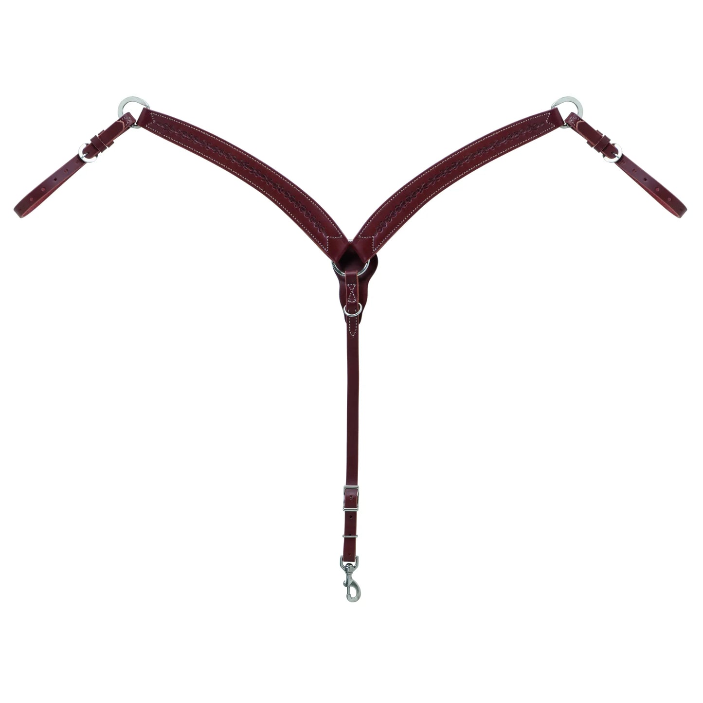 Weaver Leather Barbed Wire Contoured Breast Collar in a rich brown finish with intricate barbed wire tooling and white contrast stitching. This high-quality Western horse breast collar features durable stainless steel hardware, adjustable tug straps, and a snap-end center strap for a secure fit. Ideal for Western riding, trail, or performance, combining classic style with reliable craftsmanship.