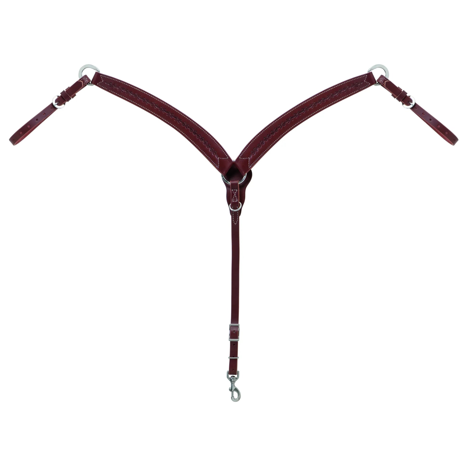 Weaver Leather Barbed Wire Contoured Breast Collar in a rich brown finish with intricate barbed wire tooling and white contrast stitching. This high-quality Western horse breast collar features durable stainless steel hardware, adjustable tug straps, and a snap-end center strap for a secure fit. Ideal for Western riding, trail, or performance, combining classic style with reliable craftsmanship.