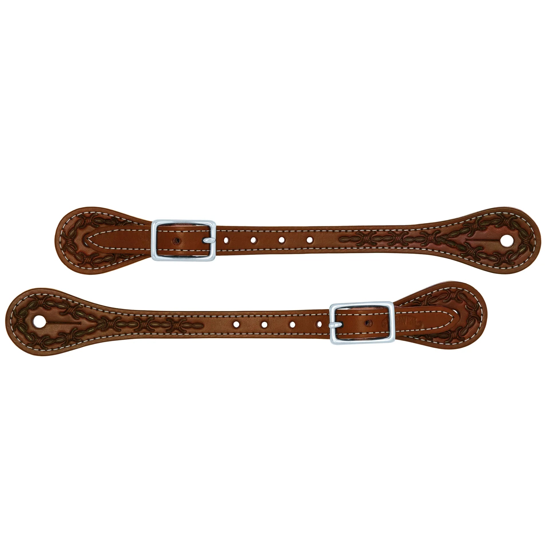 Handcrafted Weaver Leather Barbed Wire Thin Spur Straps in a rich brown finish. These Western equestrian gear pieces feature intricate barbed wire tooling, white contrast stitching, and durable silver buckles. Perfect for adding a classic Western touch to riding boots, these high-quality leather straps provide a professional look for horse shows, ranch work, or trail riding.