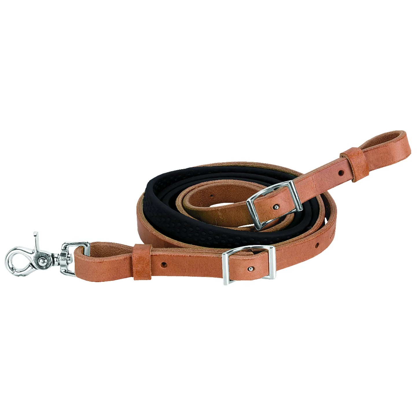 Weaver Leather Barrel Rein featuring a non-slip black rubber grip for superior control and comfort. Crafted from durable chestnut brown leather, these horse reins include adjustable silver-toned Conway buckles and a sturdy swivel snap for easy attachment. Ideal for barrel racing, gaming, or trail riding, providing a secure, professional-grade grip for equestrian athletes and recreational riders alike.