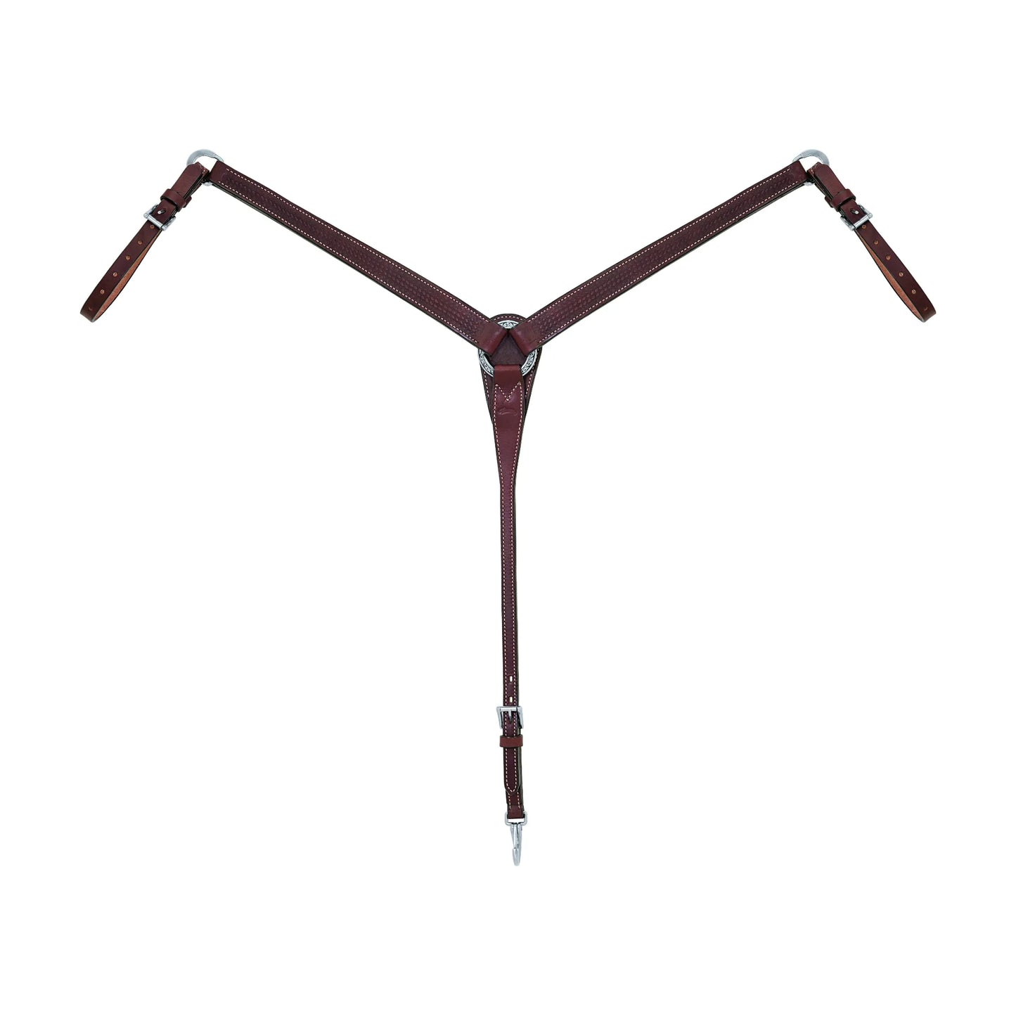 Weaver Leather Basin Cowboy Collection breast collar in dark mahogany basketweave leather. This high-quality Y-shaped western horse tack features adjustable straps with stainless steel buckles, a decorative floral concho at the center, and a heavy-duty cinch snap. Ideal for trail riding or ranch work, this durable leather breast collar combines traditional cowboy style with reliable performance for every equestrian enthusiast.