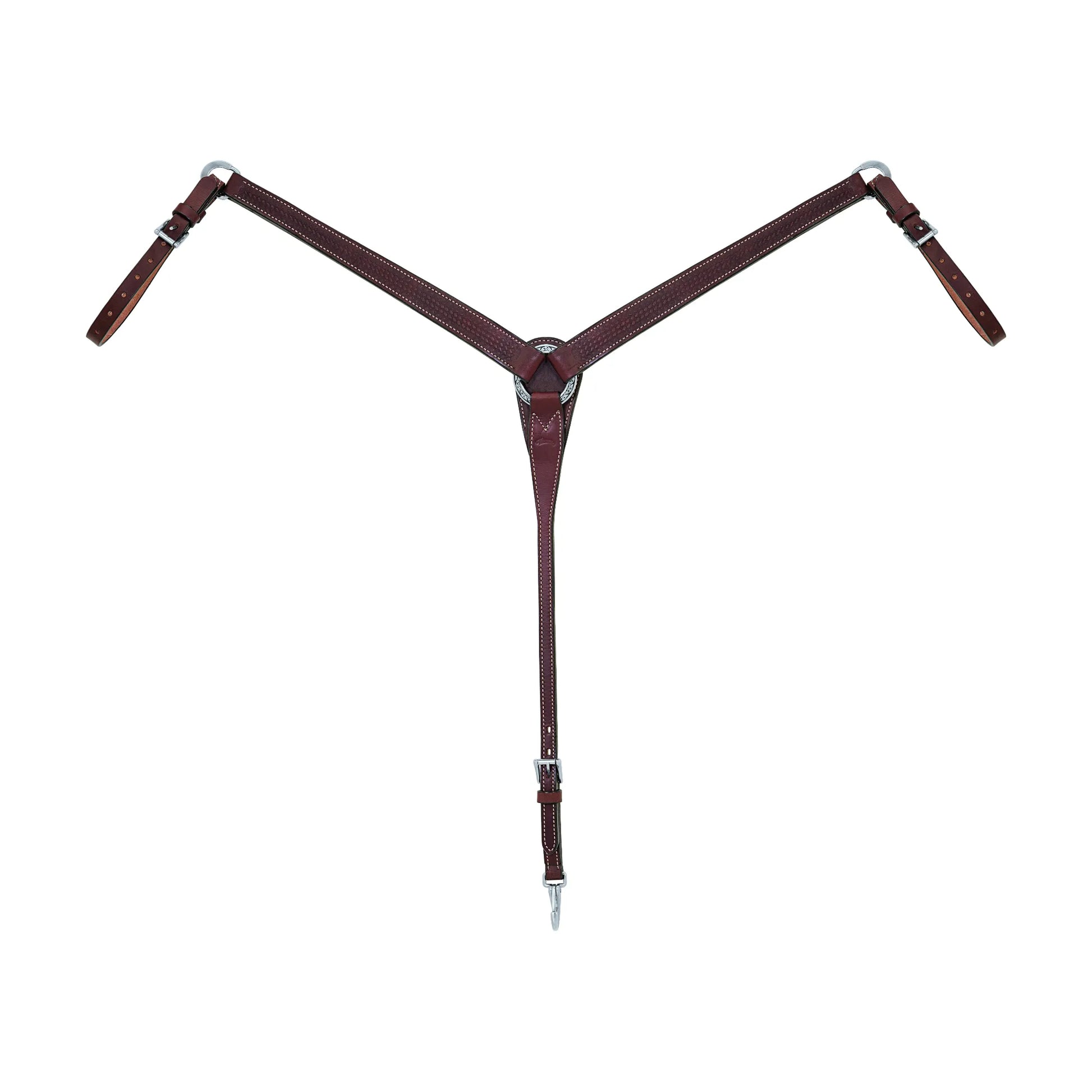 Weaver Leather Basin Cowboy Collection breast collar in dark mahogany basketweave leather. This high-quality Y-shaped western horse tack features adjustable straps with stainless steel buckles, a decorative floral concho at the center, and a heavy-duty cinch snap. Ideal for trail riding or ranch work, this durable leather breast collar combines traditional cowboy style with reliable performance for every equestrian enthusiast.