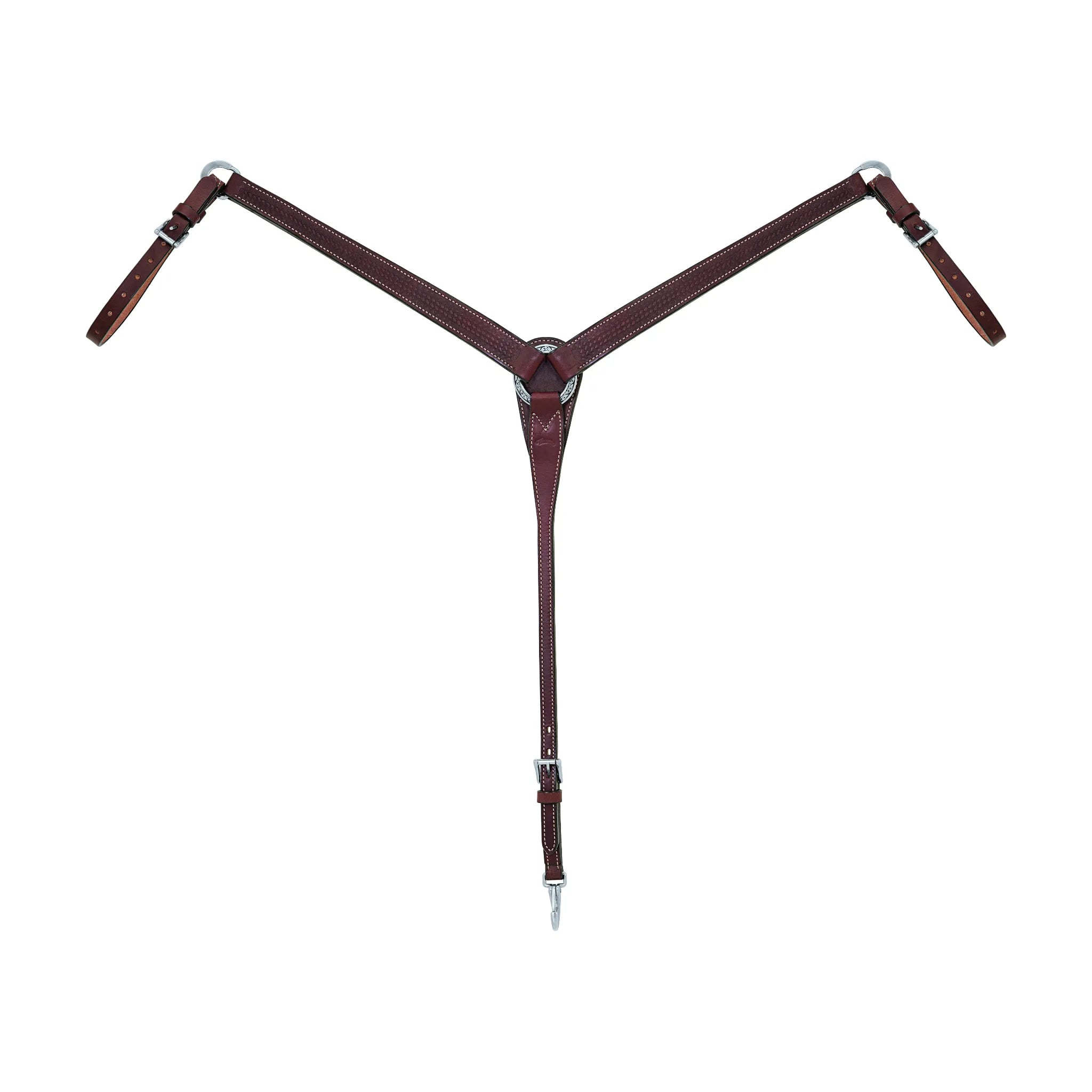Weaver Leather Basin Cowboy Collection breast collar in dark mahogany basketweave leather. This high-quality Y-shaped western horse tack features adjustable straps with stainless steel buckles, a decorative floral concho at the center, and a heavy-duty cinch snap. Ideal for trail riding or ranch work, this durable leather breast collar combines traditional cowboy style with reliable performance for every equestrian enthusiast.