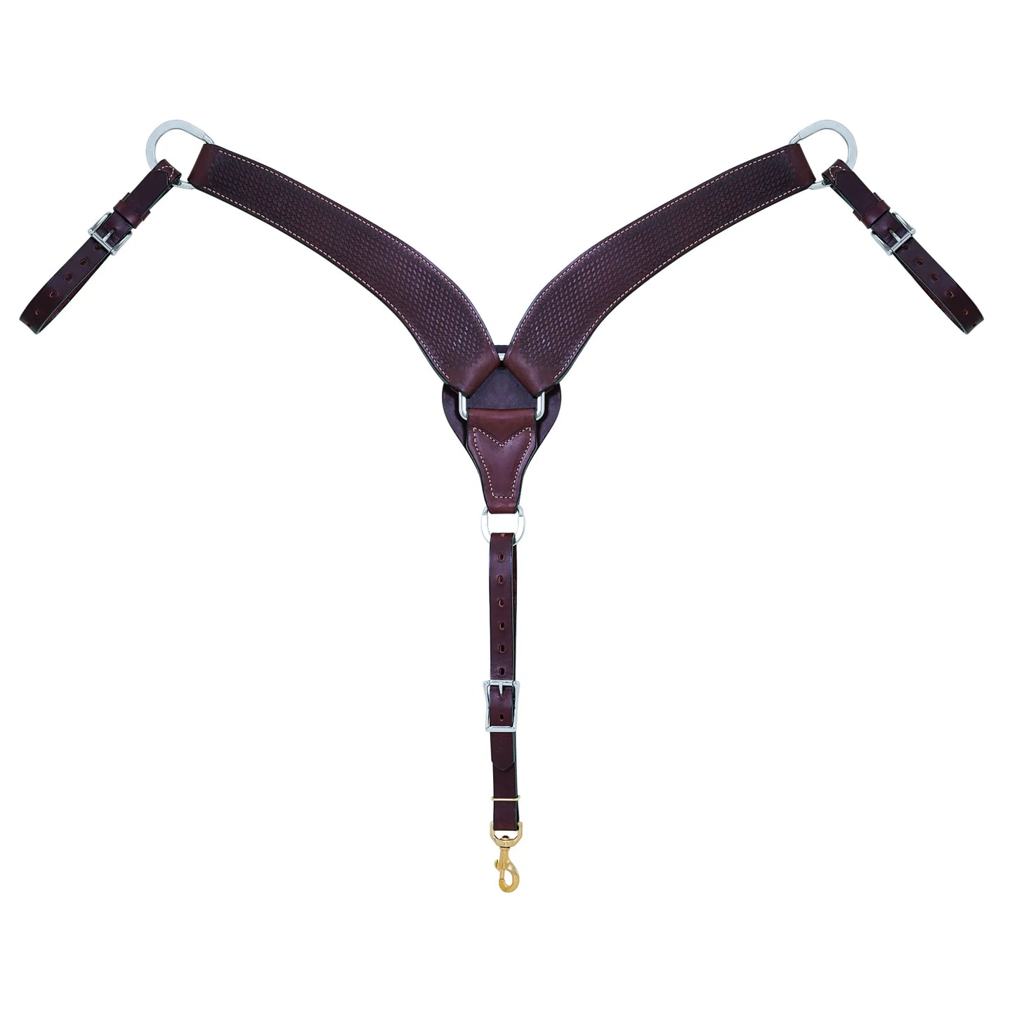 Weaver Leather Basin Cowboy Collection Roper Breast Collar in rich brown leather with textured diamond-patterned accents and white contrast stitching. This durable western horse tack features high-quality stainless steel hardware, adjustable tug straps, and a brass snap hook for a secure fit. A stylish and functional choice for roping, ranch work, and trail riding.