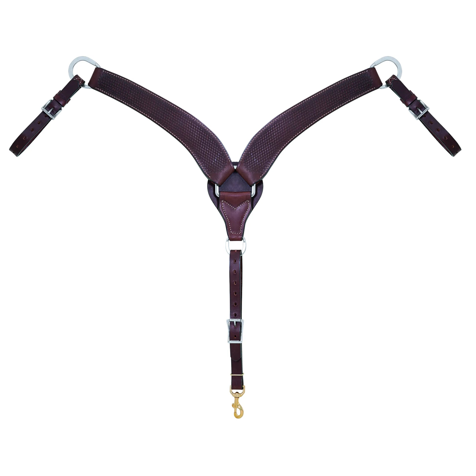 Weaver Leather Basin Cowboy Collection Roper Breast Collar in rich brown leather with textured diamond-patterned accents and white contrast stitching. This durable western horse tack features high-quality stainless steel hardware, adjustable tug straps, and a brass snap hook for a secure fit. A stylish and functional choice for roping, ranch work, and trail riding.