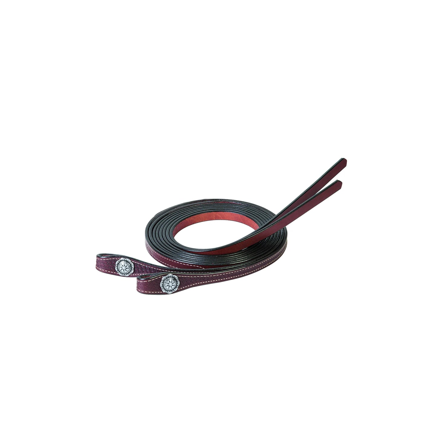 Weaver Leather Basin Cowboy Collection 8-foot split reins in deep mahogany leather with black painted edges. These premium western split reins feature contrasting white stitching and decorative silver floral conchos over basketweave stamped ends. A stylish and durable horse tack essential, perfect for western riding, ranch work, or competition.