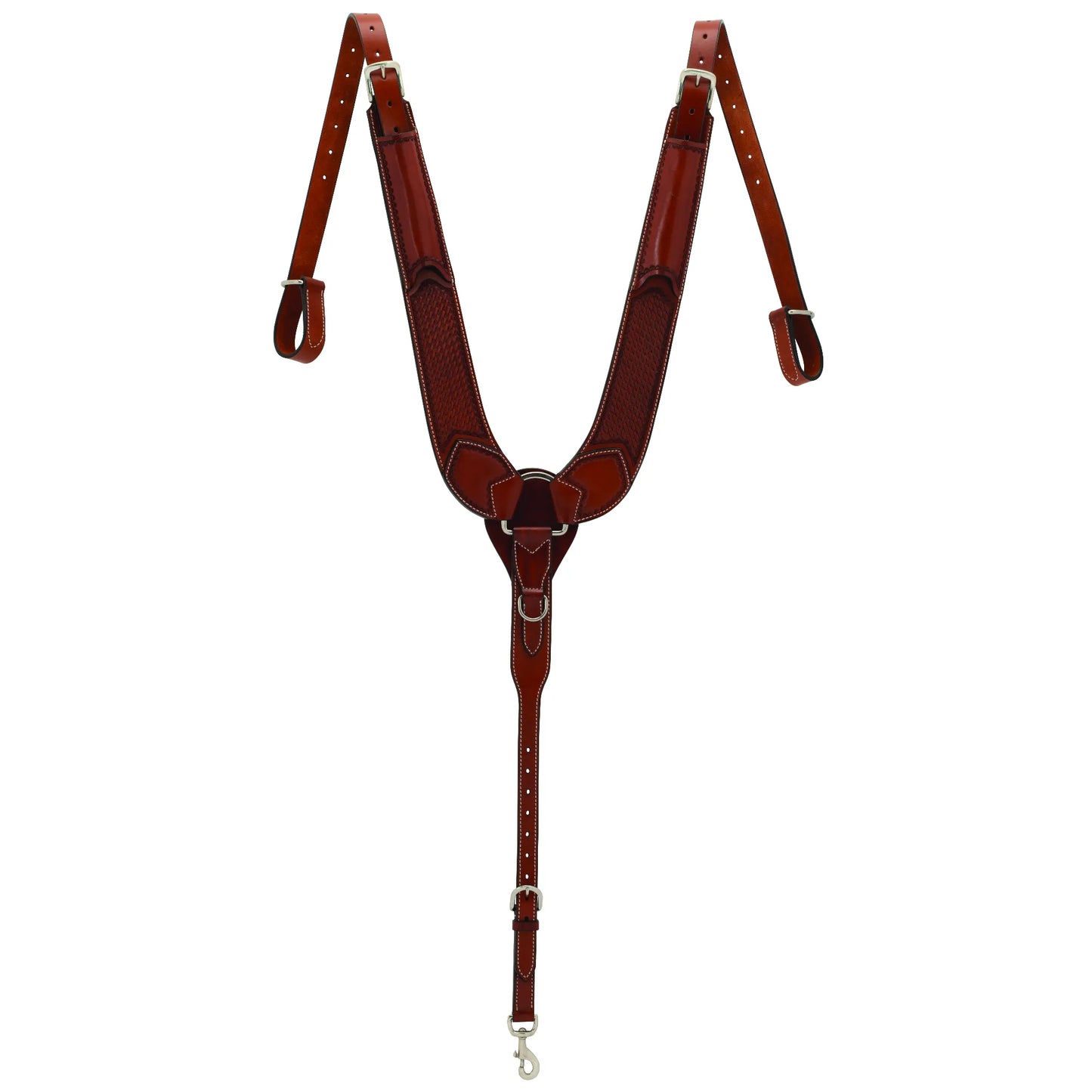 Weaver Leather mahogany brown basketweave tooled pulling breast collar for horses. Featuring high-quality leather with intricate hand-tooled patterns and rust-resistant stainless steel hardware. This Western breast collar is designed for average-sized horses, offering a comfortable fit and superior shoulder mobility for roping, ranching, or trail riding. A durable and stylish addition to any Western horse tack collection.