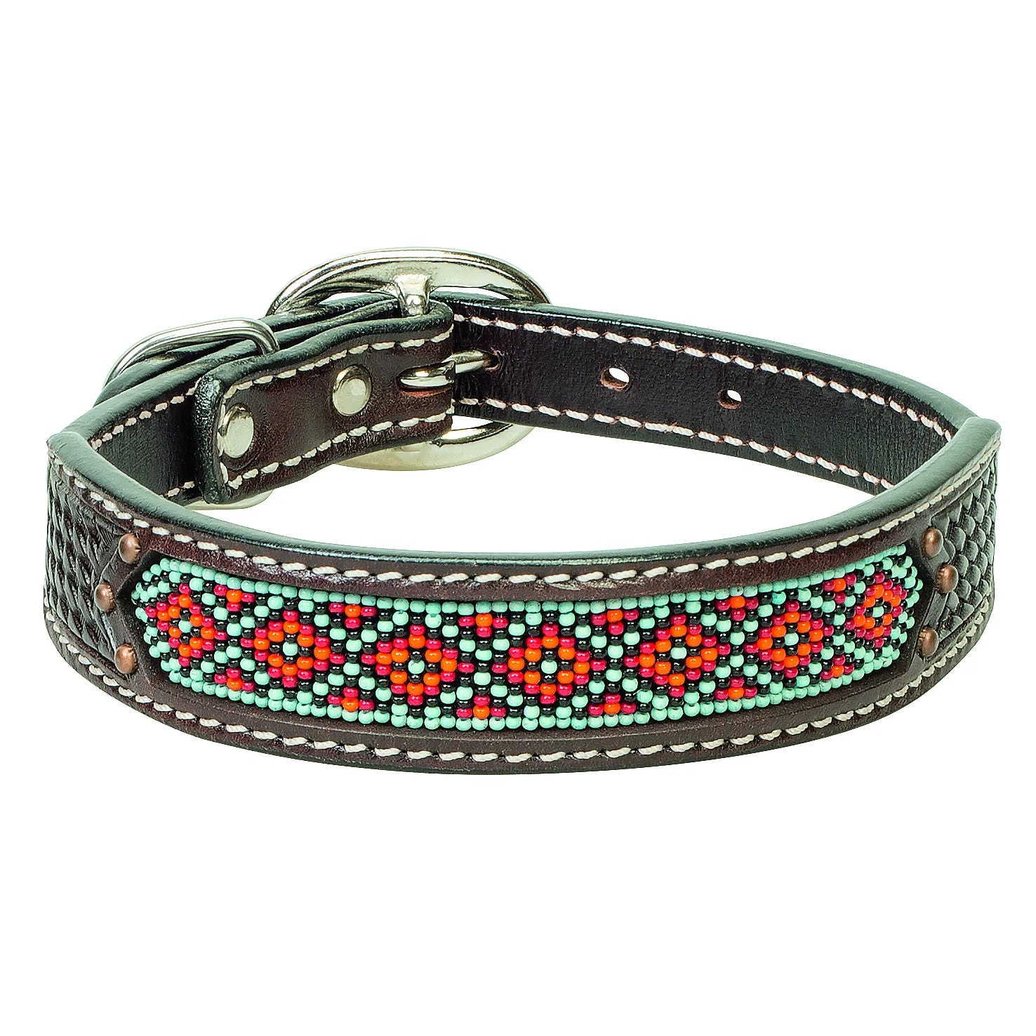 Weaver Leather Beaded Dog Collar featuring premium dark brown leather with a vibrant turquoise, orange, and red geometric beaded inlay. This durable western-style dog collar showcases intricate basketweave tooling, reinforced white stitching, and a heavy-duty silver buckle. A stylish and high-quality pet accessory perfect for dogs who want a unique, handcrafted look.