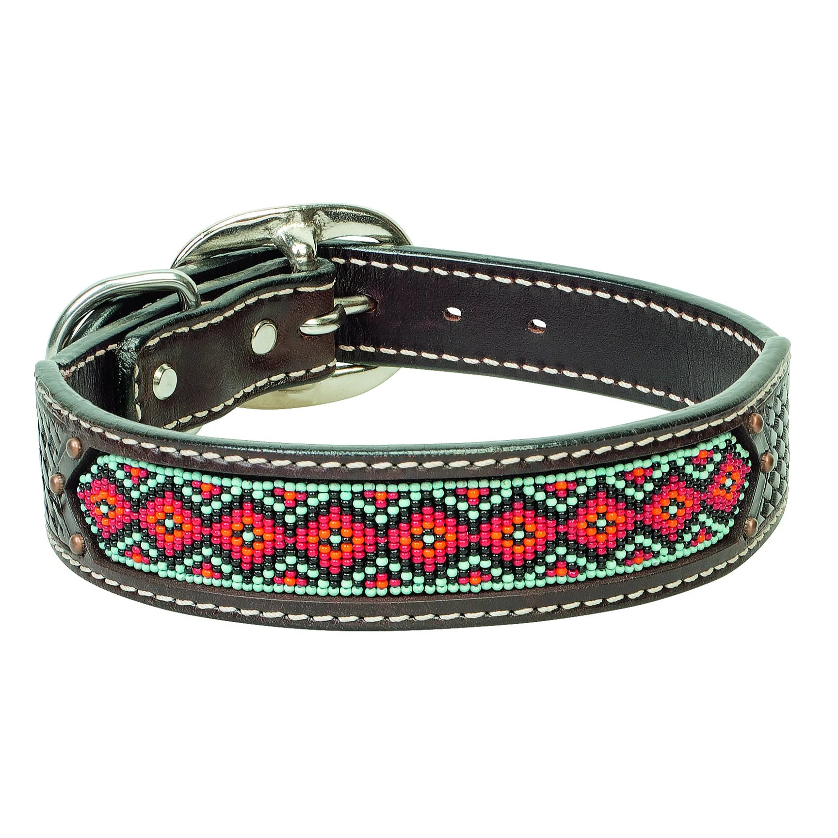 Weaver Leather Beaded Dog Collar featuring a vibrant southwestern diamond pattern in turquoise, red, and orange beads. Crafted from durable dark brown leather with decorative white stitching, basketweave embossing, and polished silver hardware. This stylish and sturdy western-inspired dog accessory is perfect for pet owners looking for a unique blend of quality and artisan design.