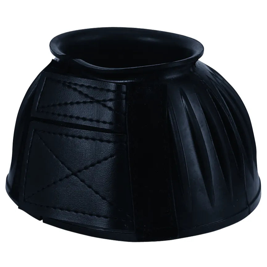 Weaver Leather black bell boots for horse hoof protection and preventing overreach injuries. These durable boots feature a ribbed design for impact resistance, a rolled top edge for comfort, and a secure double hook-and-loop closure with reinforced X-pattern stitching. Perfect for training, jumping, or turnout, these high-quality black equestrian boots provide essential protection for the heels and coronary band.