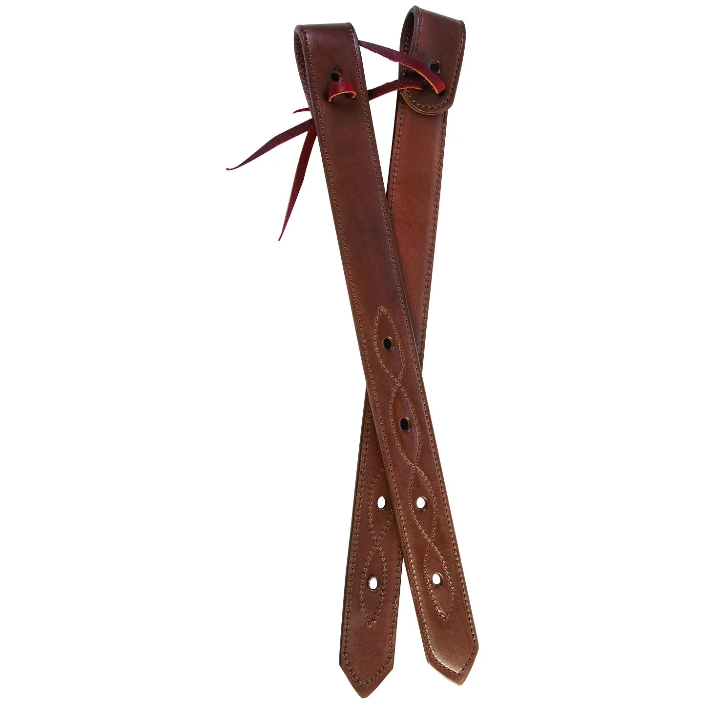 Pair of Weaver Leather Billets in chocolate brown, 1 3/4 inches wide. These Western saddle replacement parts feature premium leather with decorative stitching and multiple pre-punched holes for precise buckle adjustments. Durable and reliable horse tack essential for saddle repair, featuring leather ties at the top for easy installation. High-quality equestrian equipment designed for long-lasting use in Western riding.